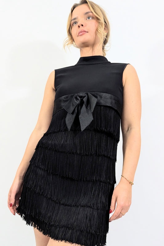 1950s black cocktail dress vintage Adele Simpson with fringing