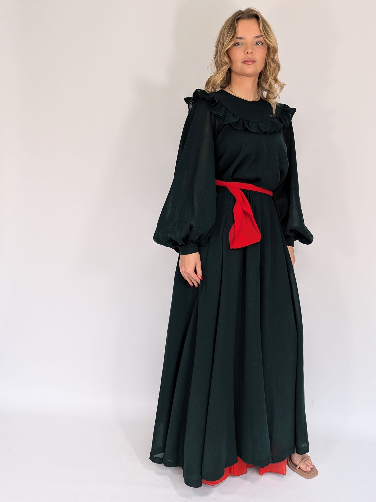 1970s Gina Fratini wool maxi dress with red lining and tie