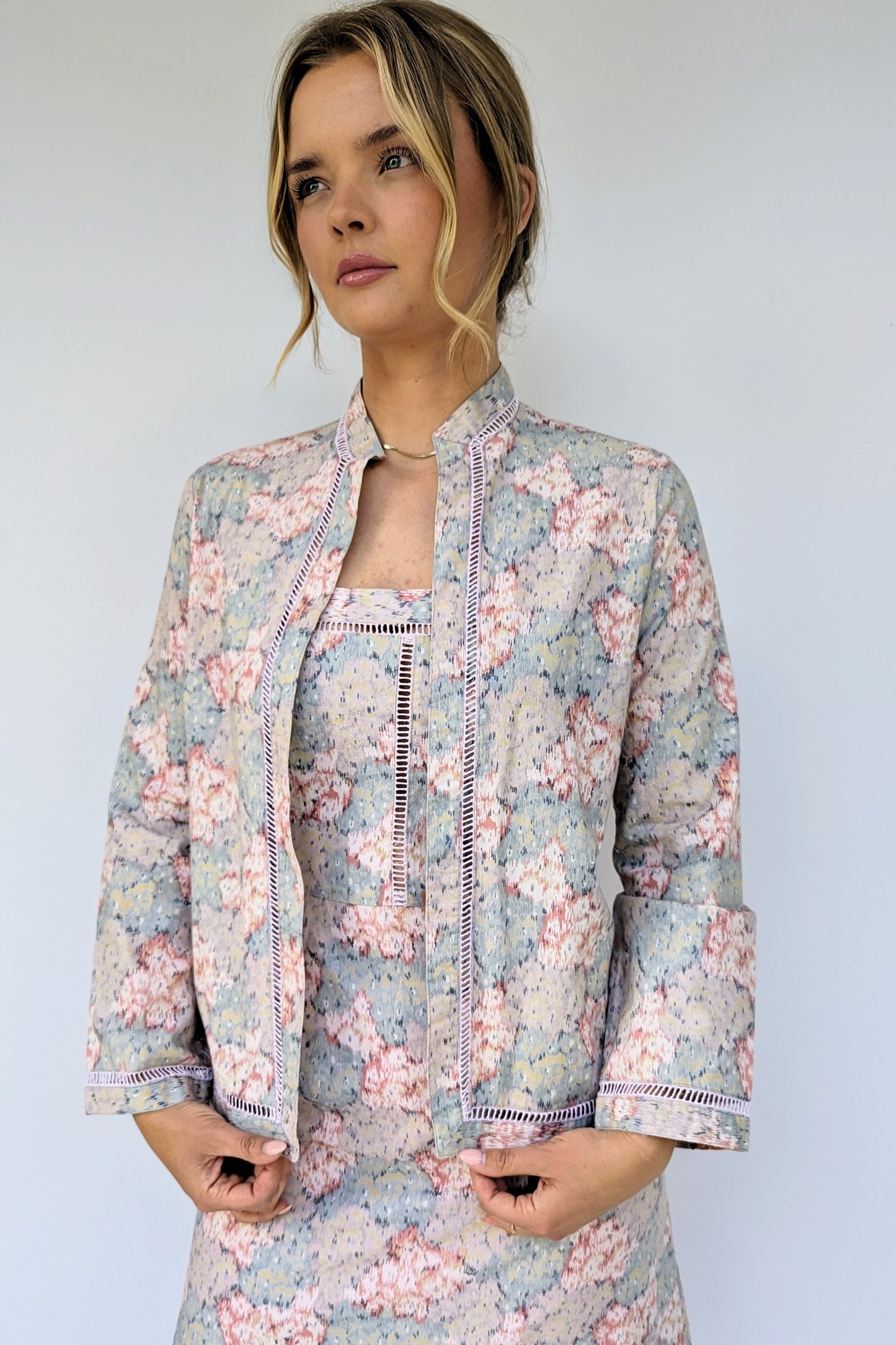 jacket of vintage summer dress suit by Louis Feraud in pastel greys and pinks
