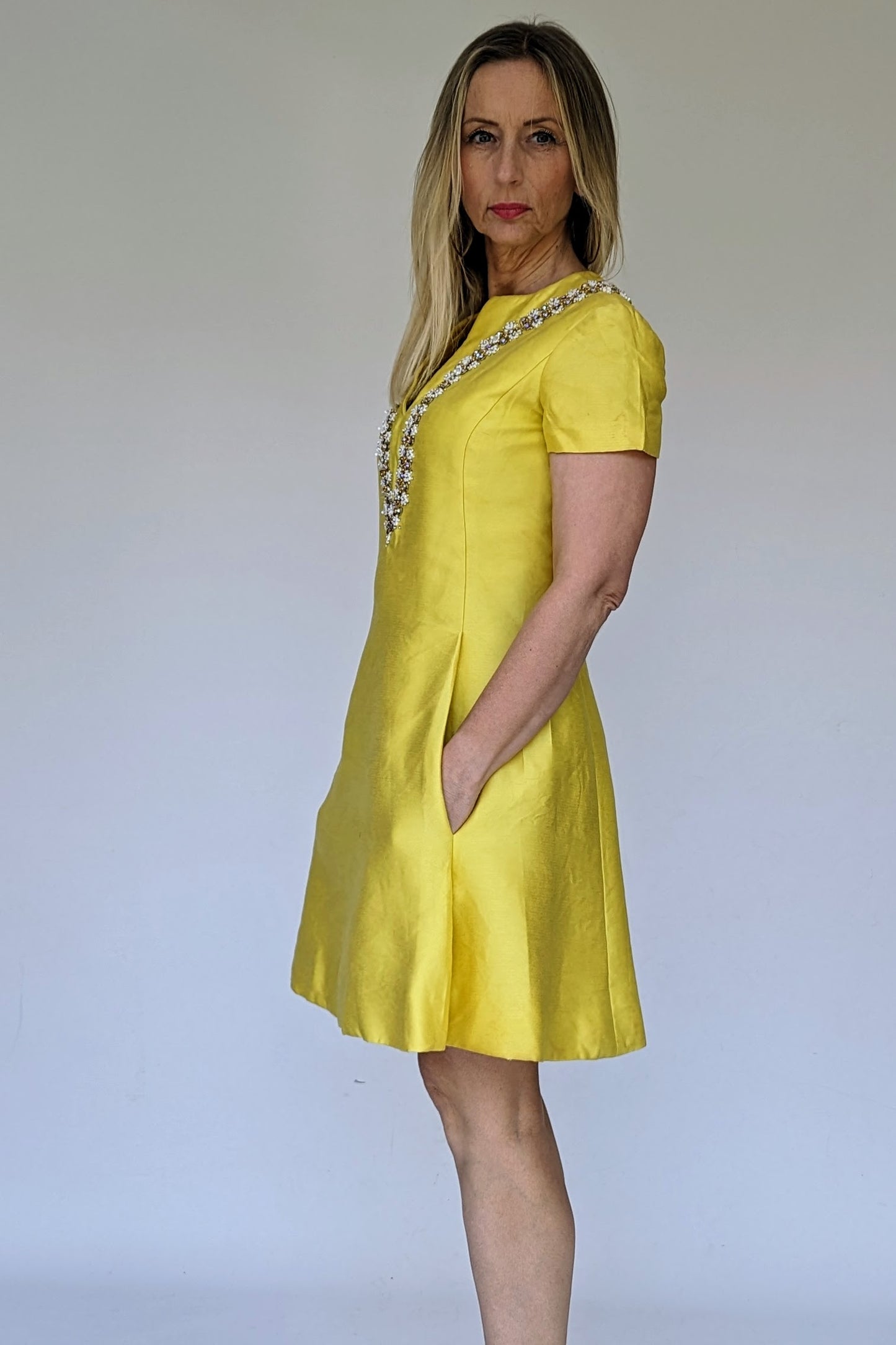 1960s Elinor Simmons for Malcolm Starr, Makoff Salt Lake City, Yellow Beaded Cocktail Dress