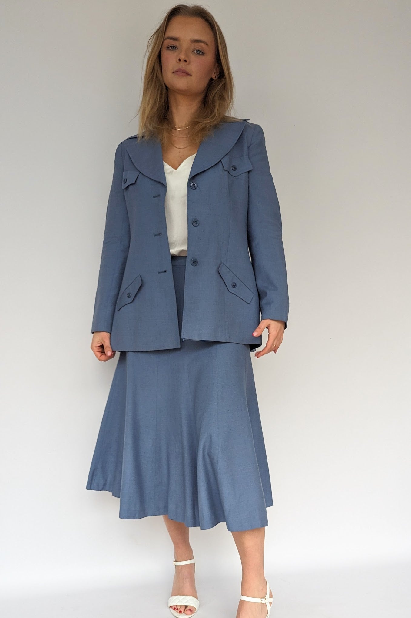 1960s louis Feraud two piece blue suit with skirt