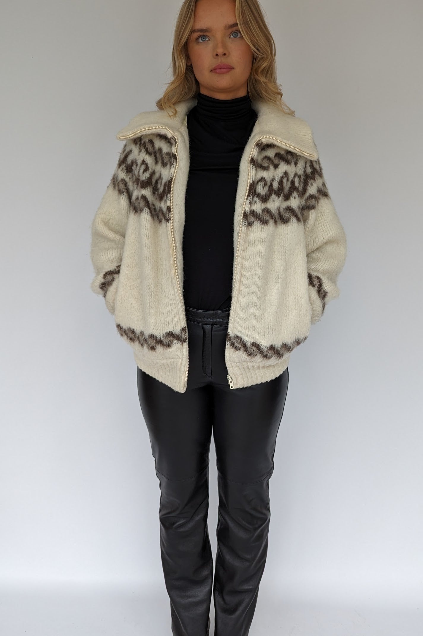 cream with brown patterned wool lined jacket