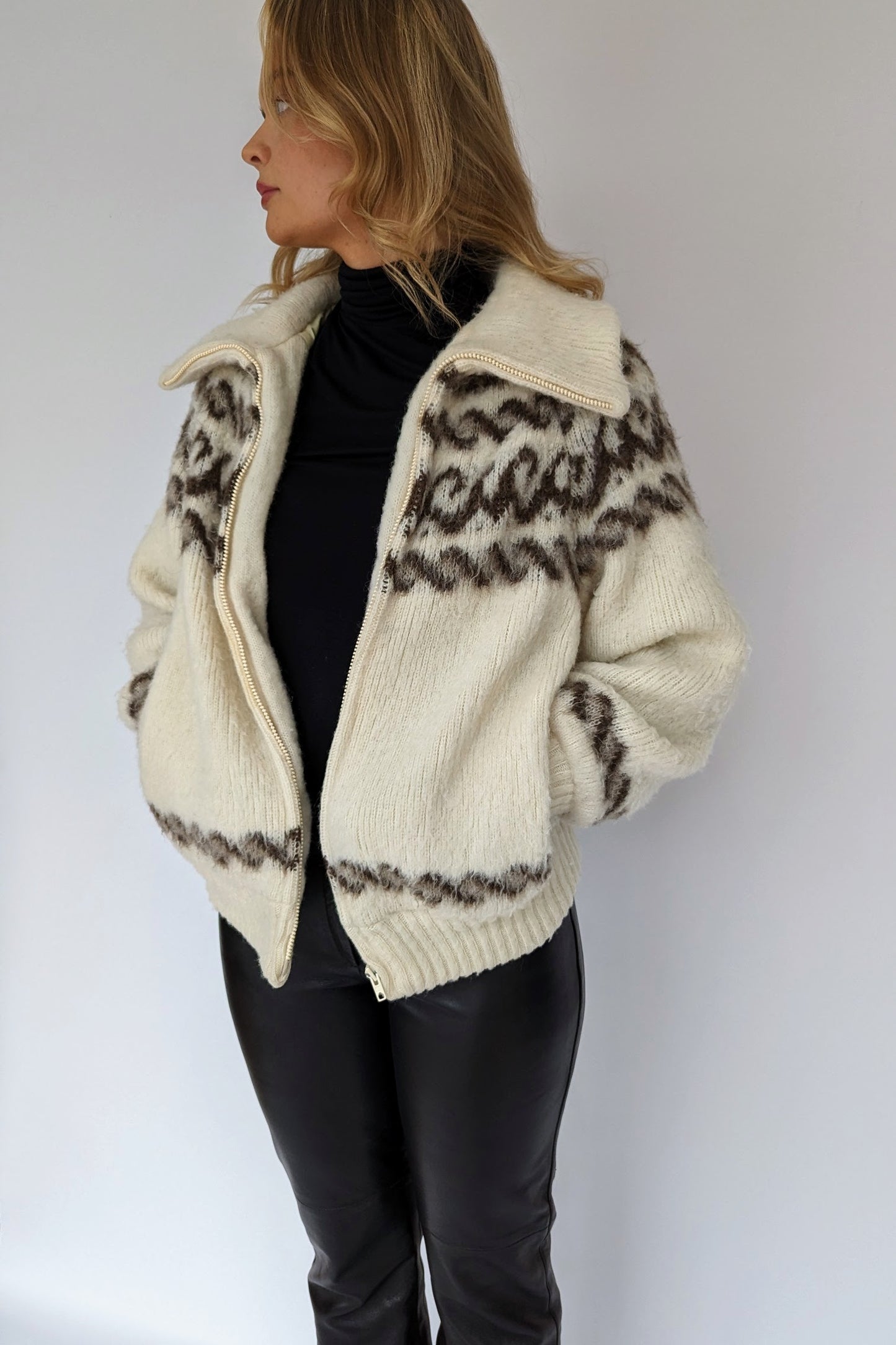 wide collar cream and brown patterned wool cardigan