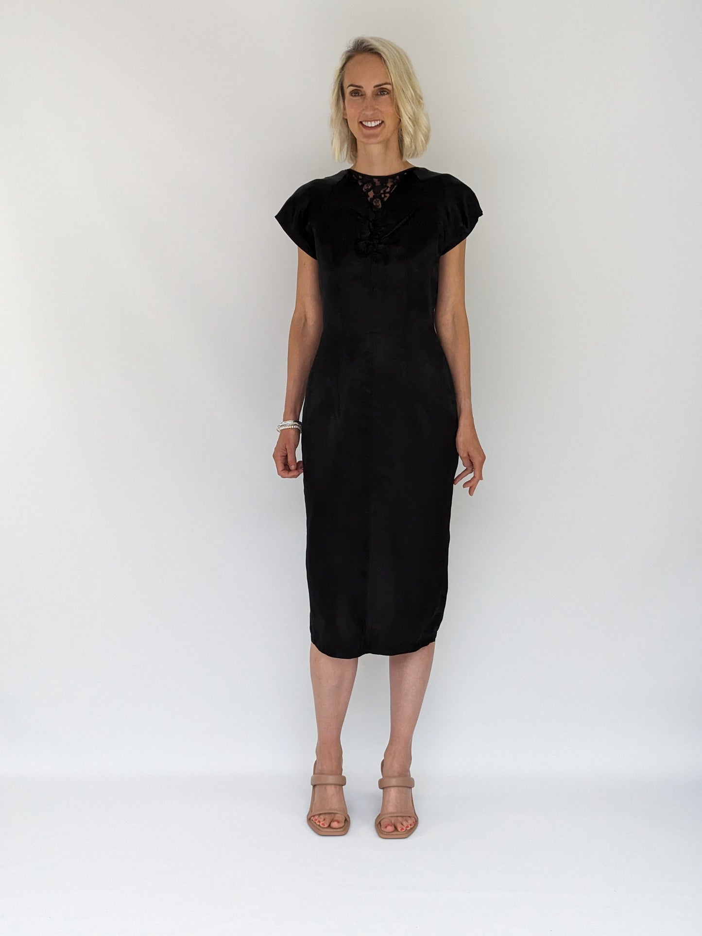 black fitted satin dress