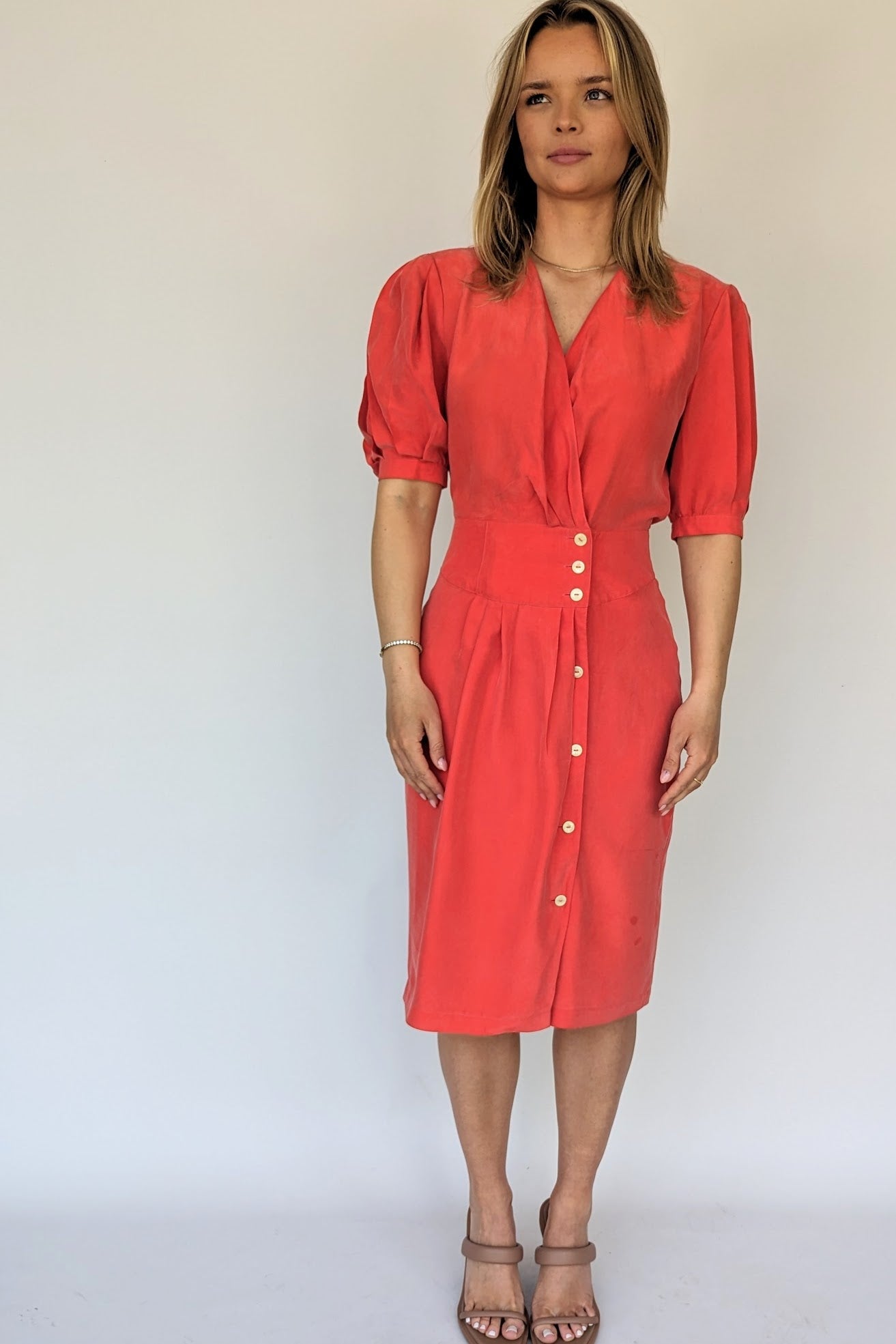 80s vintage red silk red dress with wrap front and pleated shoulders