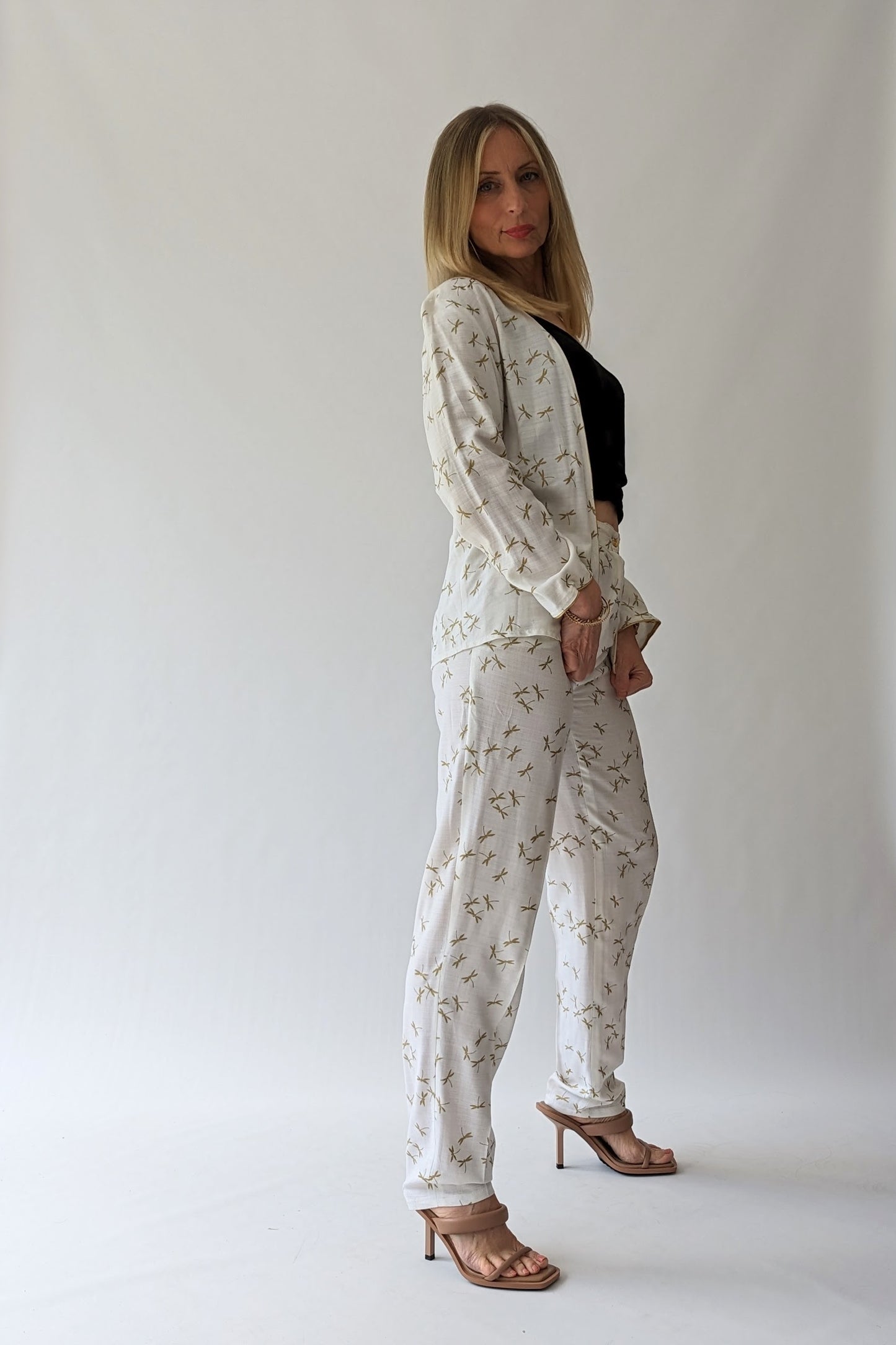 Vintage Two Piece Cream Golden Dragonfly Trouser Suit