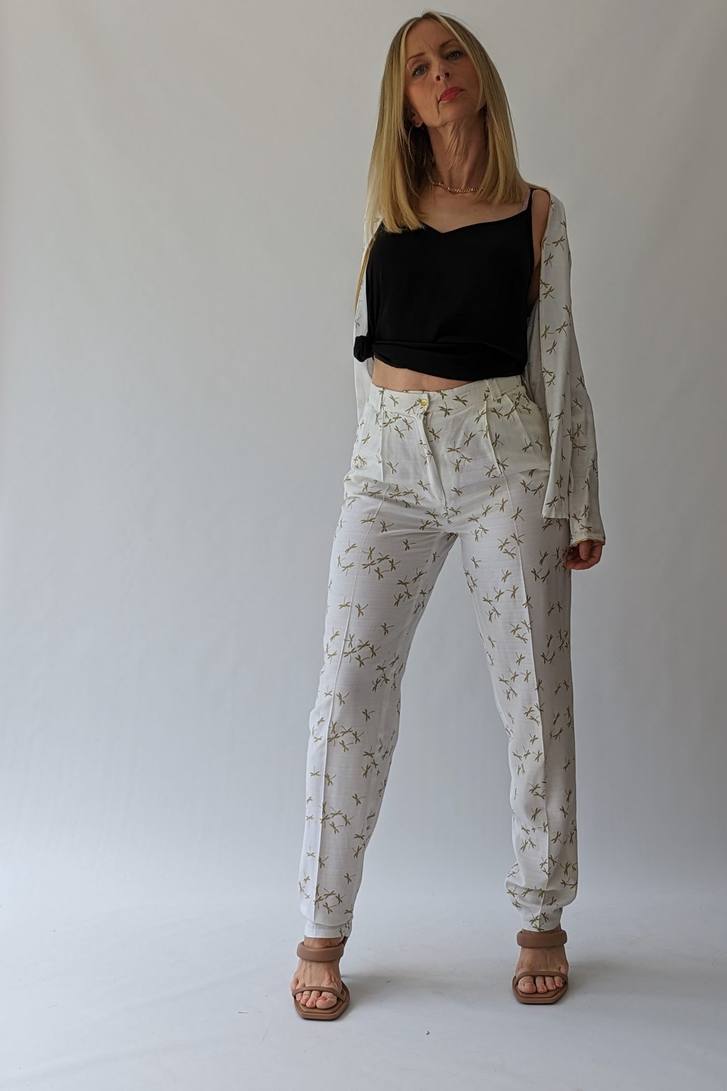Vintage Two Piece Cream Golden Dragonfly Trouser Suit
