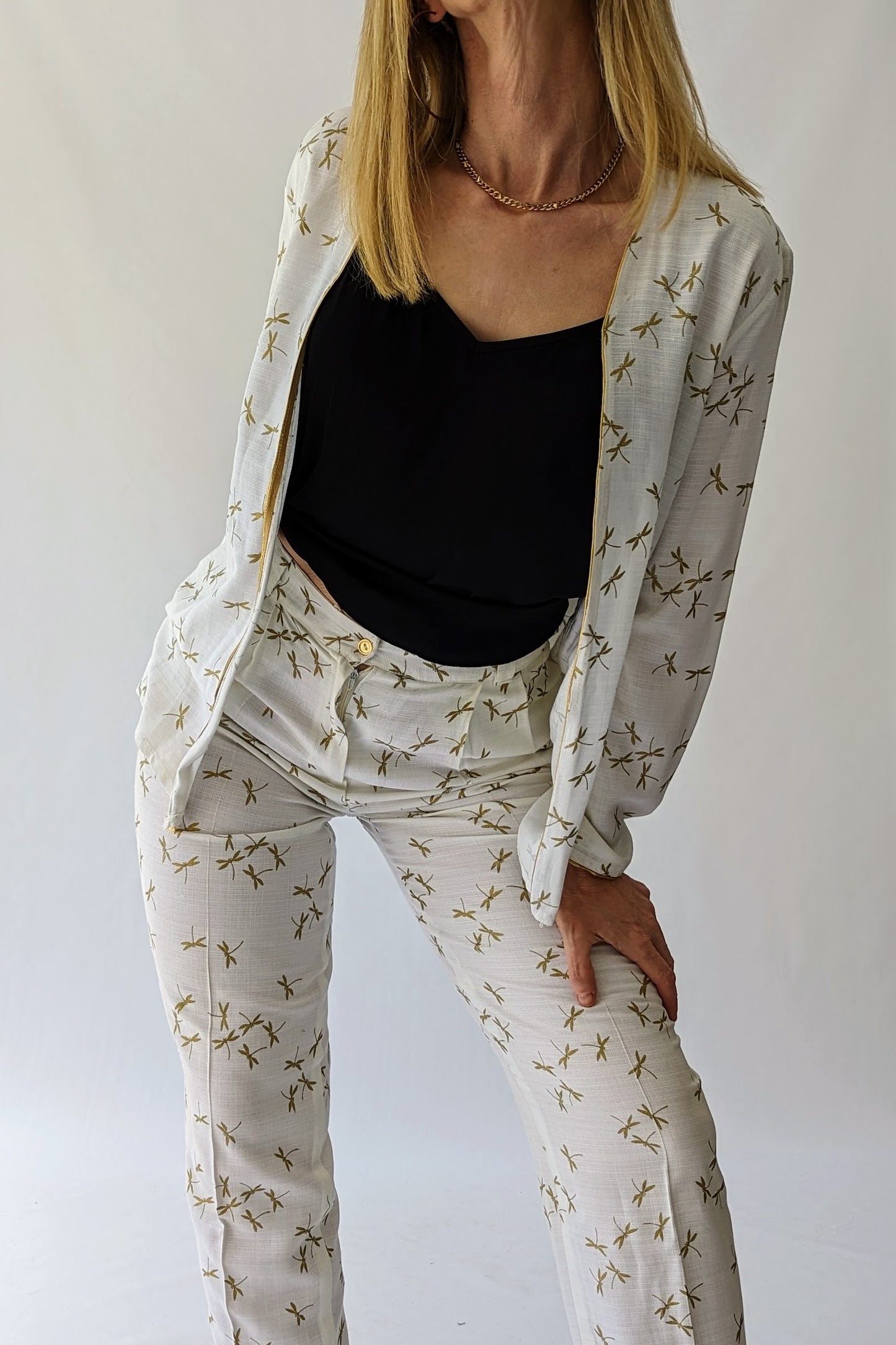 Vintage Two Piece Cream Golden Dragonfly Trouser Suit