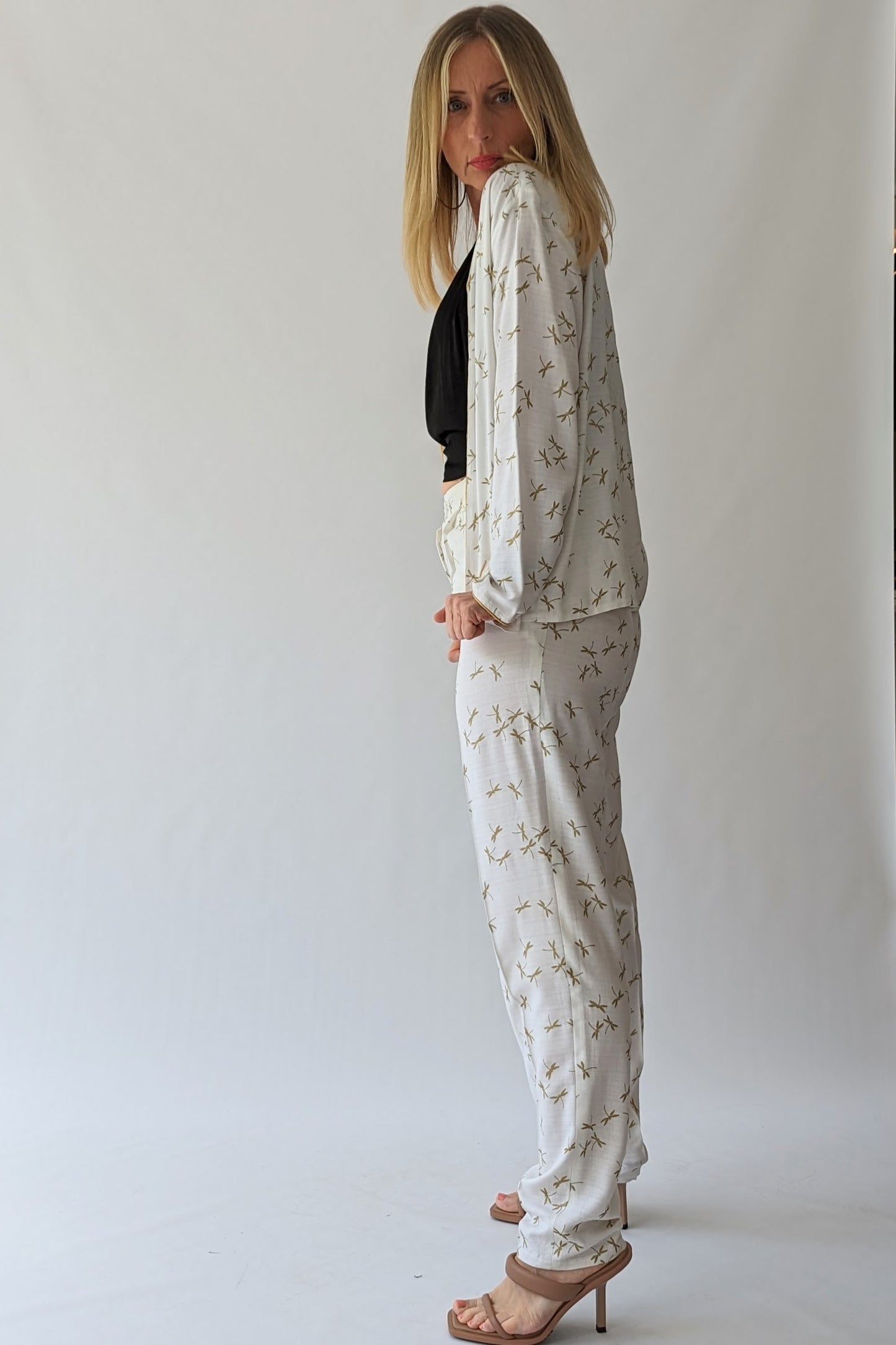 Vintage Two Piece Cream Golden Dragonfly Trouser Suit