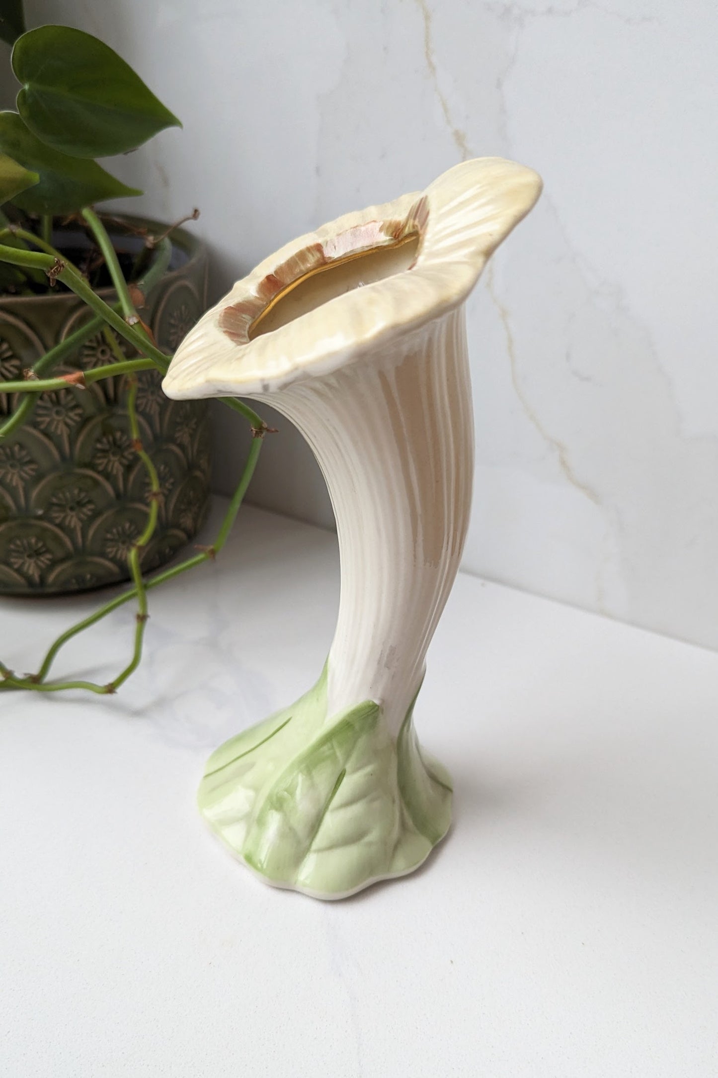 side of 1960s vintage belleek flower jack in the pulpit vase with green leaf base
