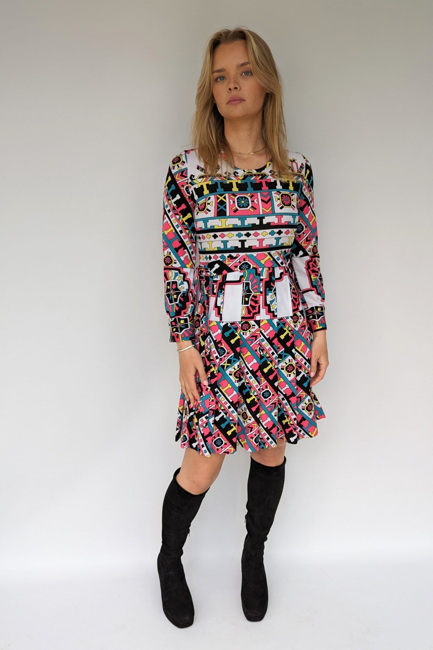70s vintage patterned dress with belt and pleats in what, black, pink and turquoise geometrics pattern