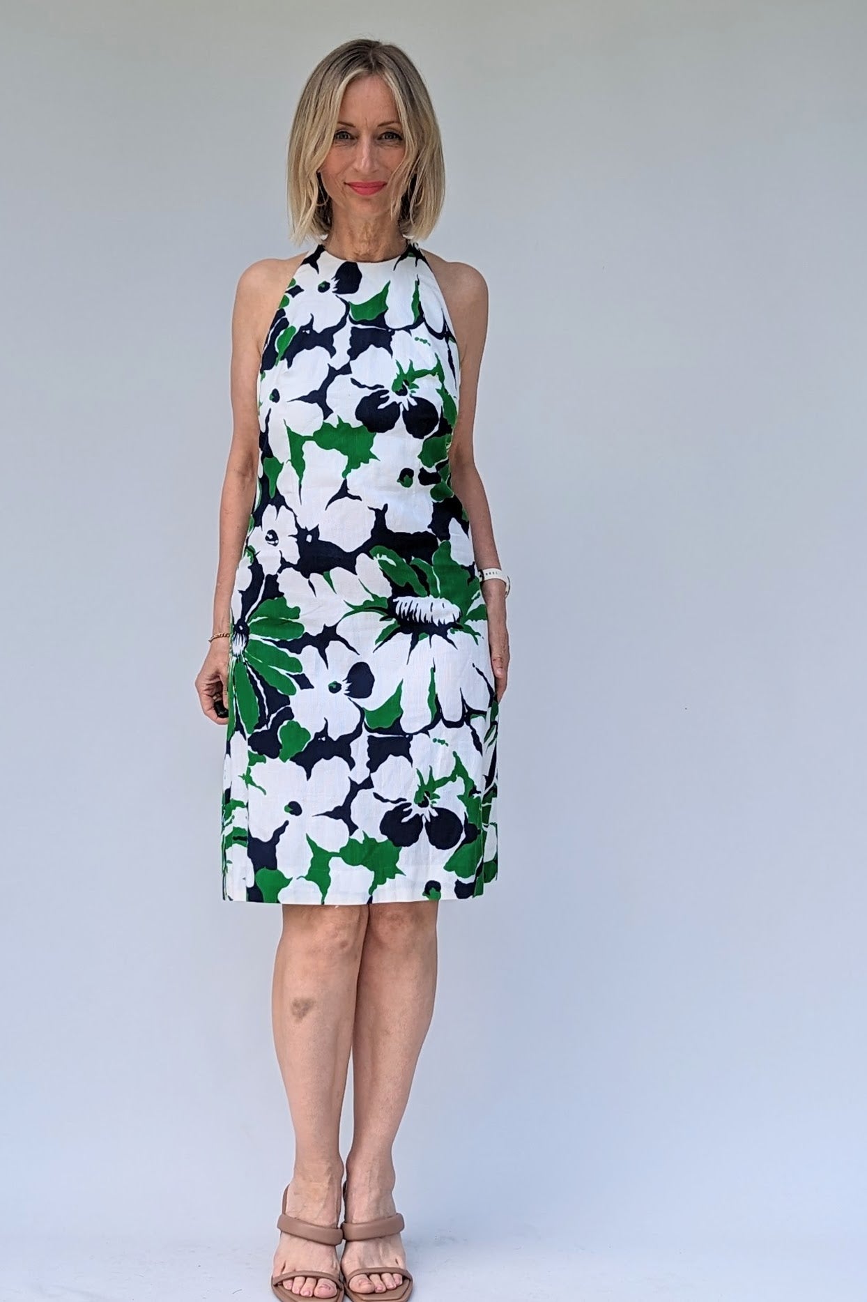 70s 80s vintage halterneck dress in green, blue and white floral pattern