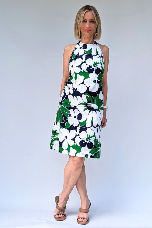 Green, blue and white large floral patterned summer short halterneck dress with back zip