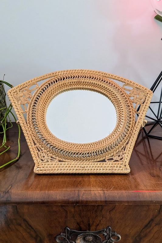 Mid Century Rattan Wicker Dressing Table Mirror with Basket