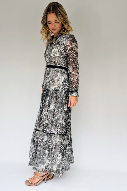 1970's Black and White Lace Overlay Maxi Dress