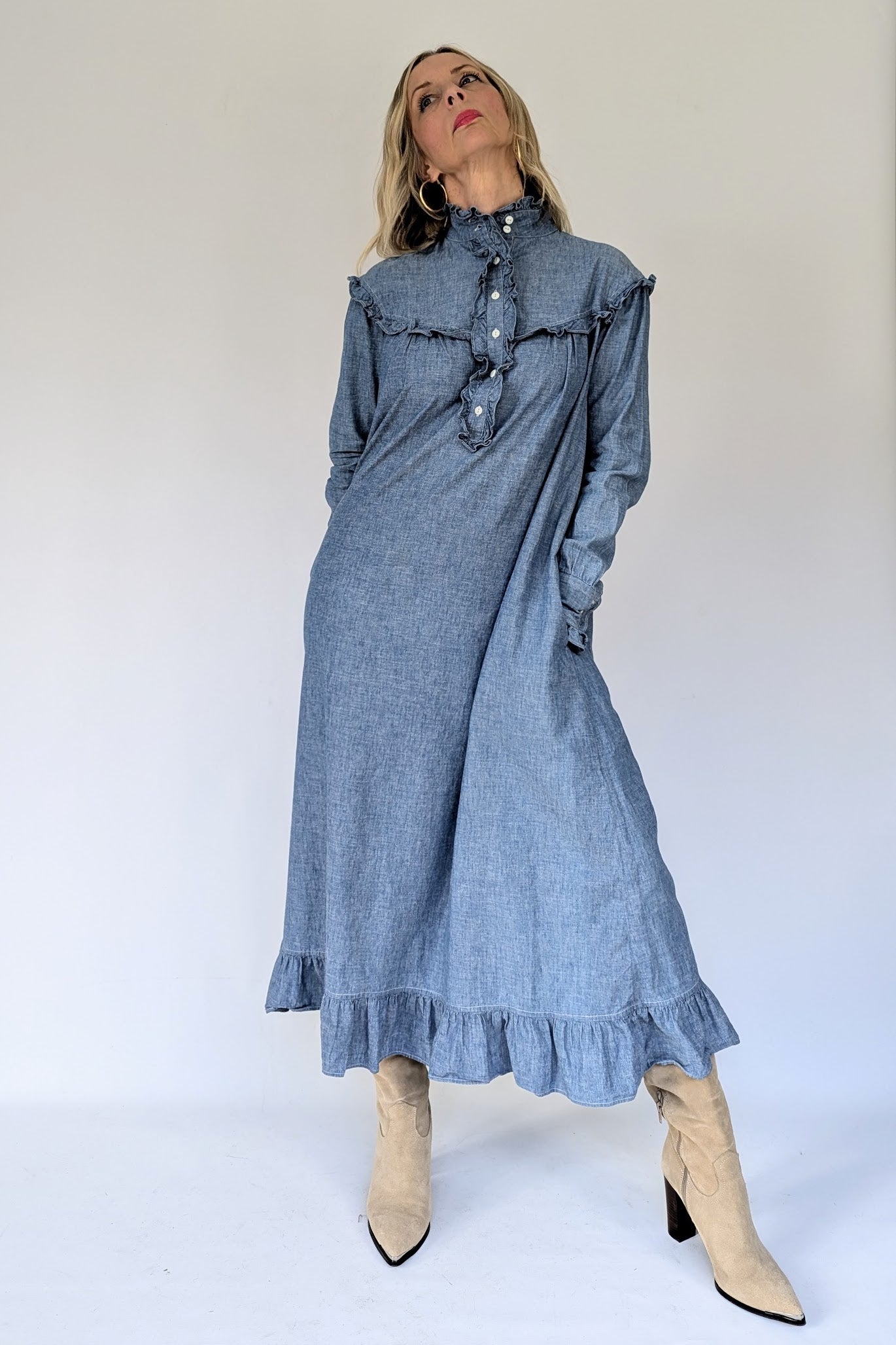 Vintage Ralph Lauren Chambray Prairie Maxi Dress