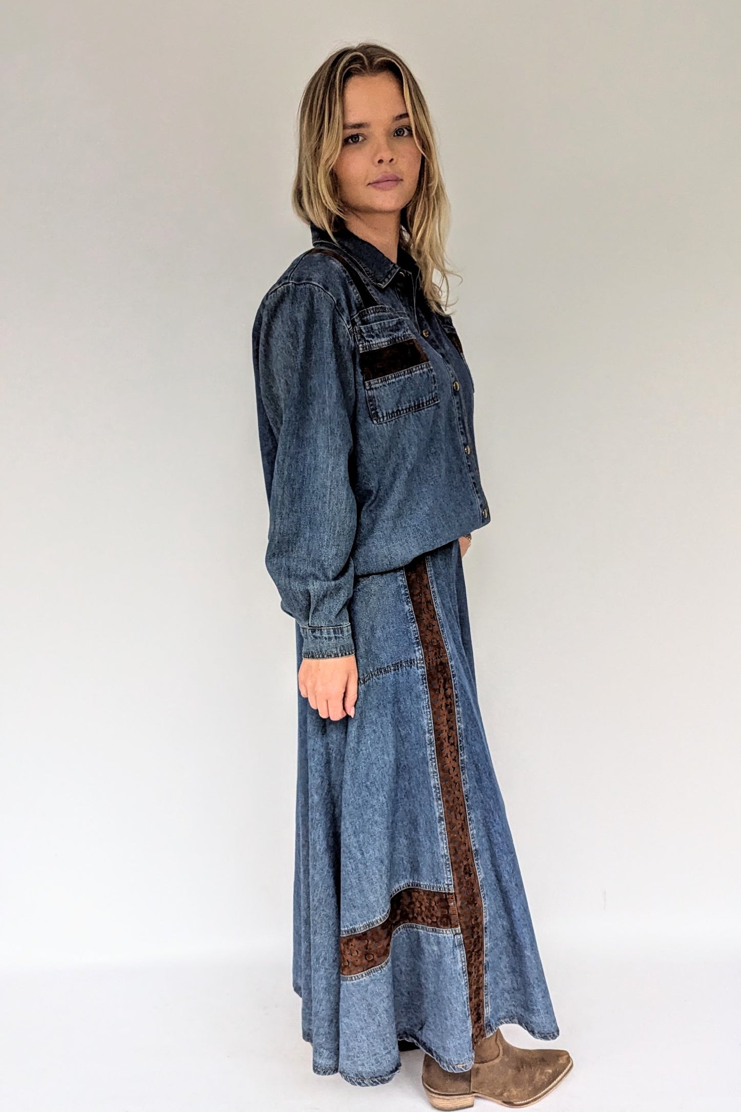 1980s Denim Co-ord Maxi Skirt & Shirt Set