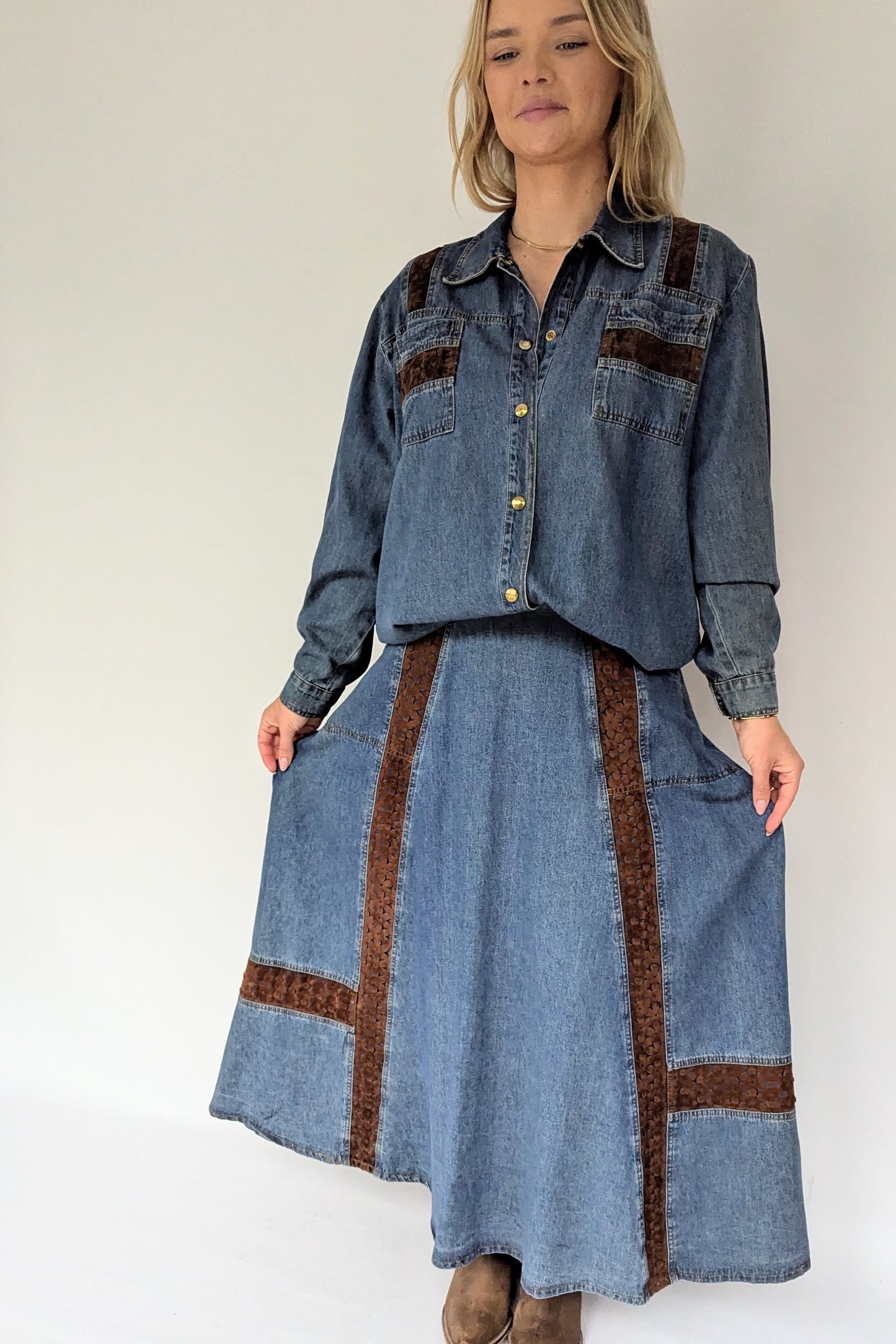 1980s Denim Co-ord Maxi Skirt & Shirt Set