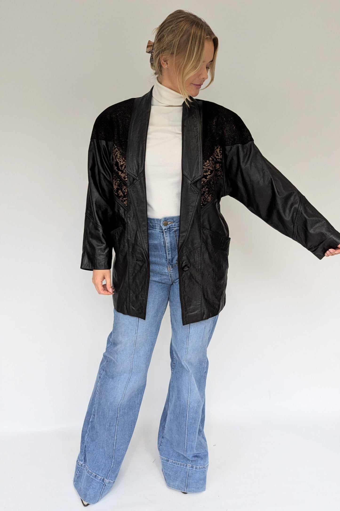 Vintage Black Leather Jacket with Bronze Suede Embellishment