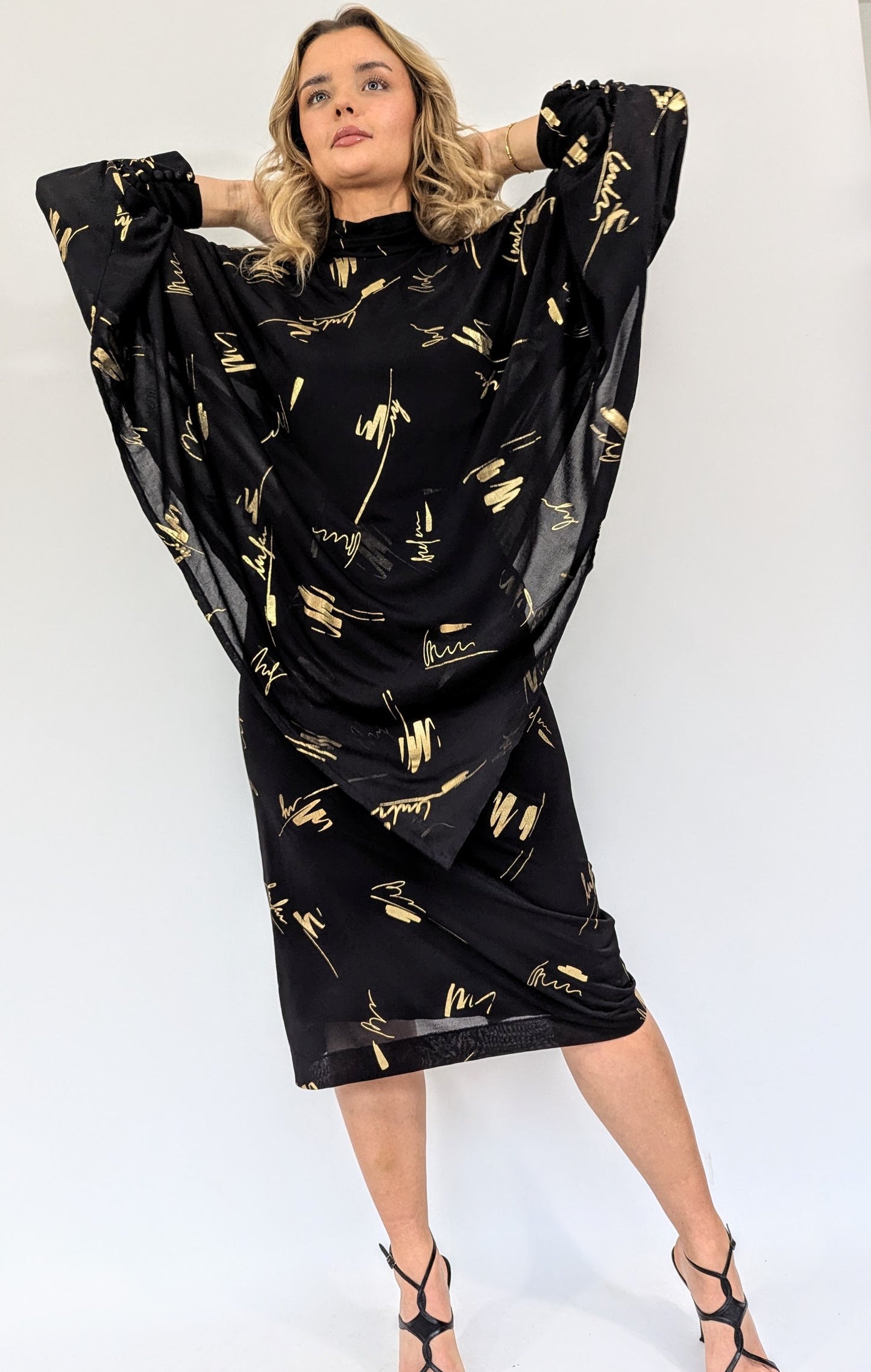 Vintage Gold & Black Flared Sleeve Evening Dress