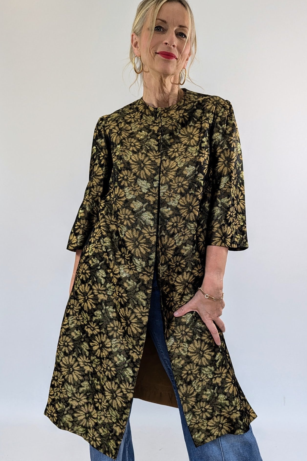 1950s Long Gold Brocade Evening Coat