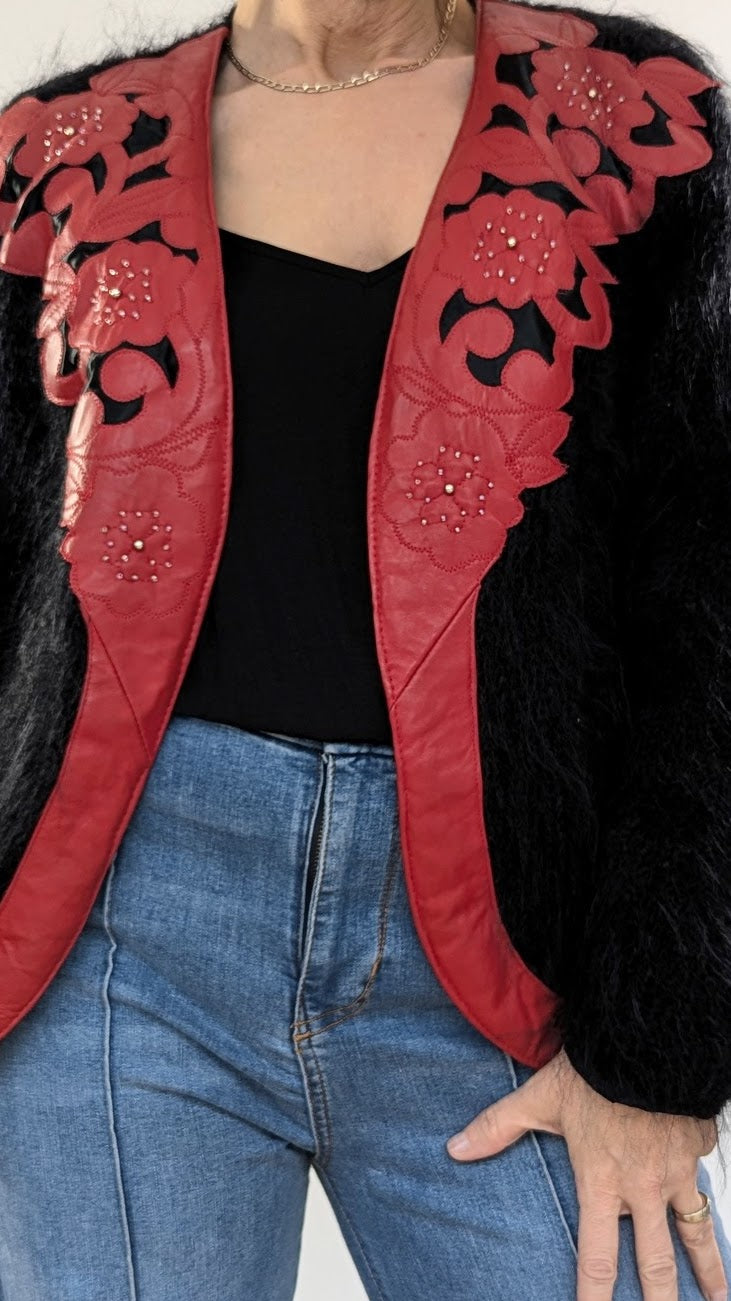 Vintage Black and Red Mohair Applique Cardigan