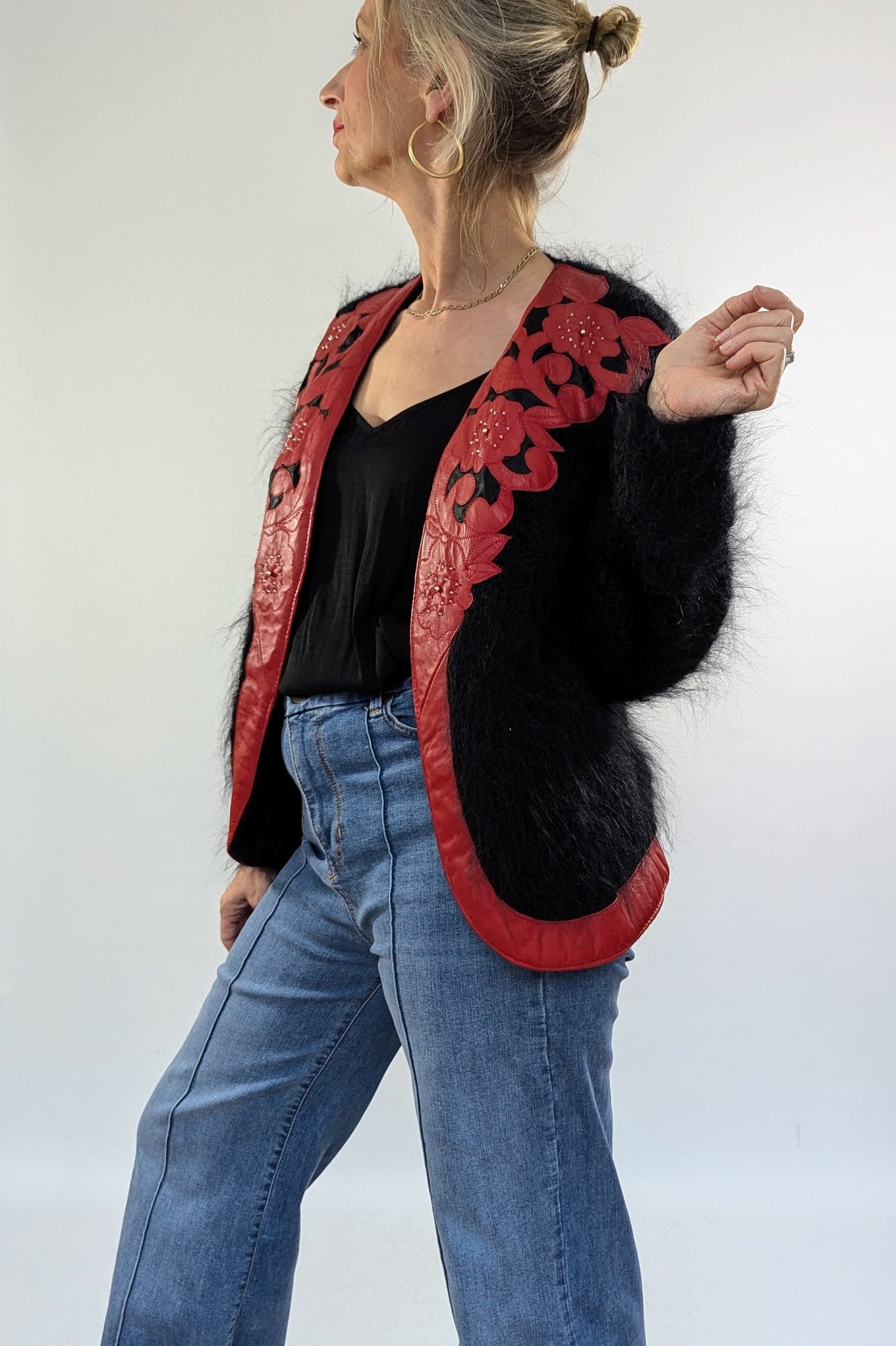 Vintage Black and Red Mohair Applique Cardigan
