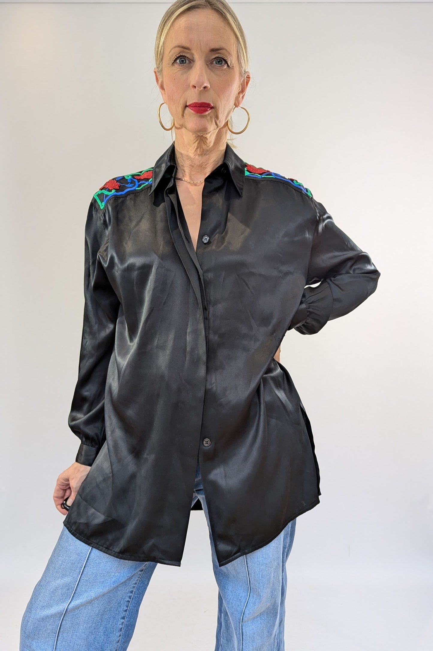 Black Satin Embellished Blouse
