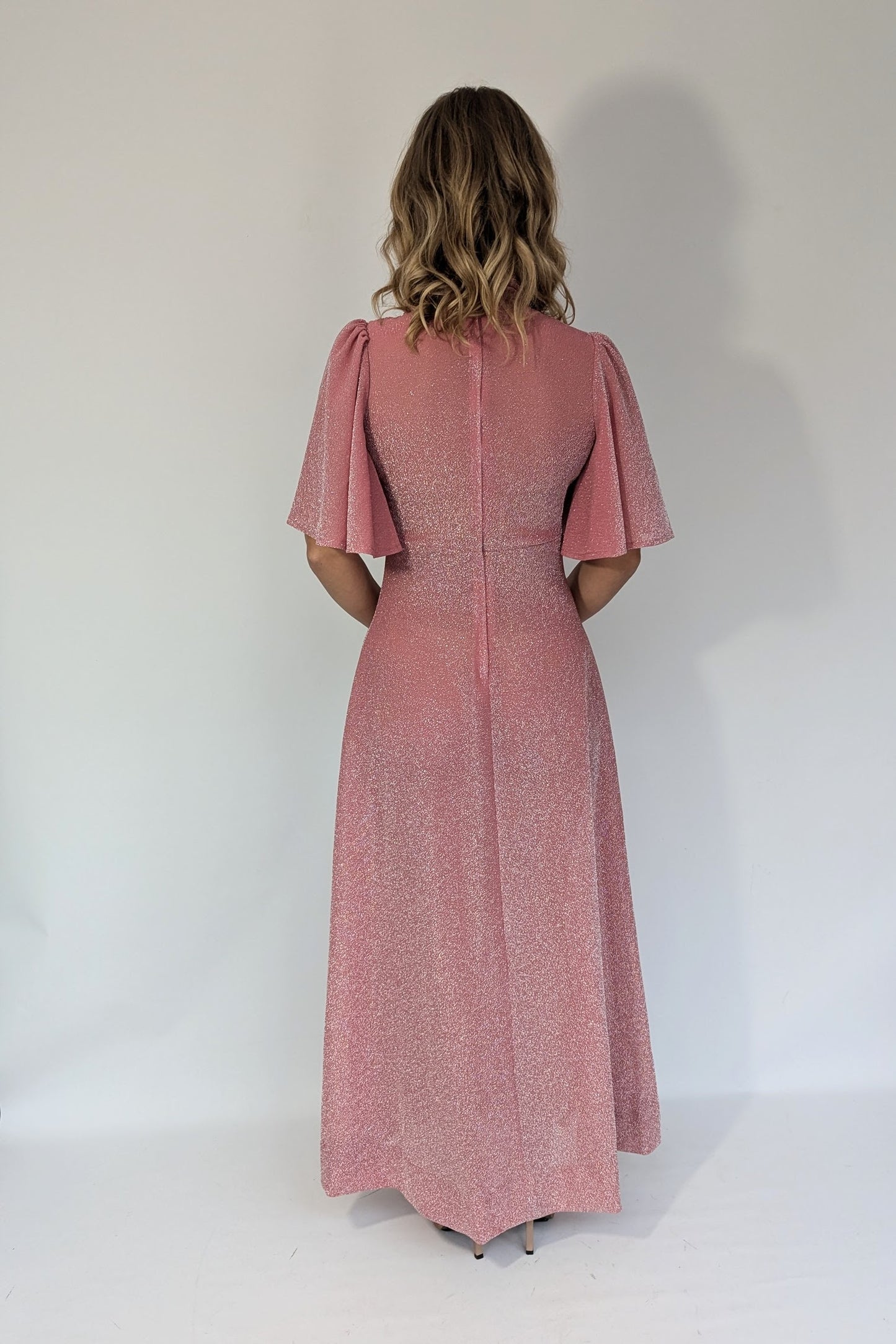 1970s Pink Lurex Flutter Sleeve Party Dress