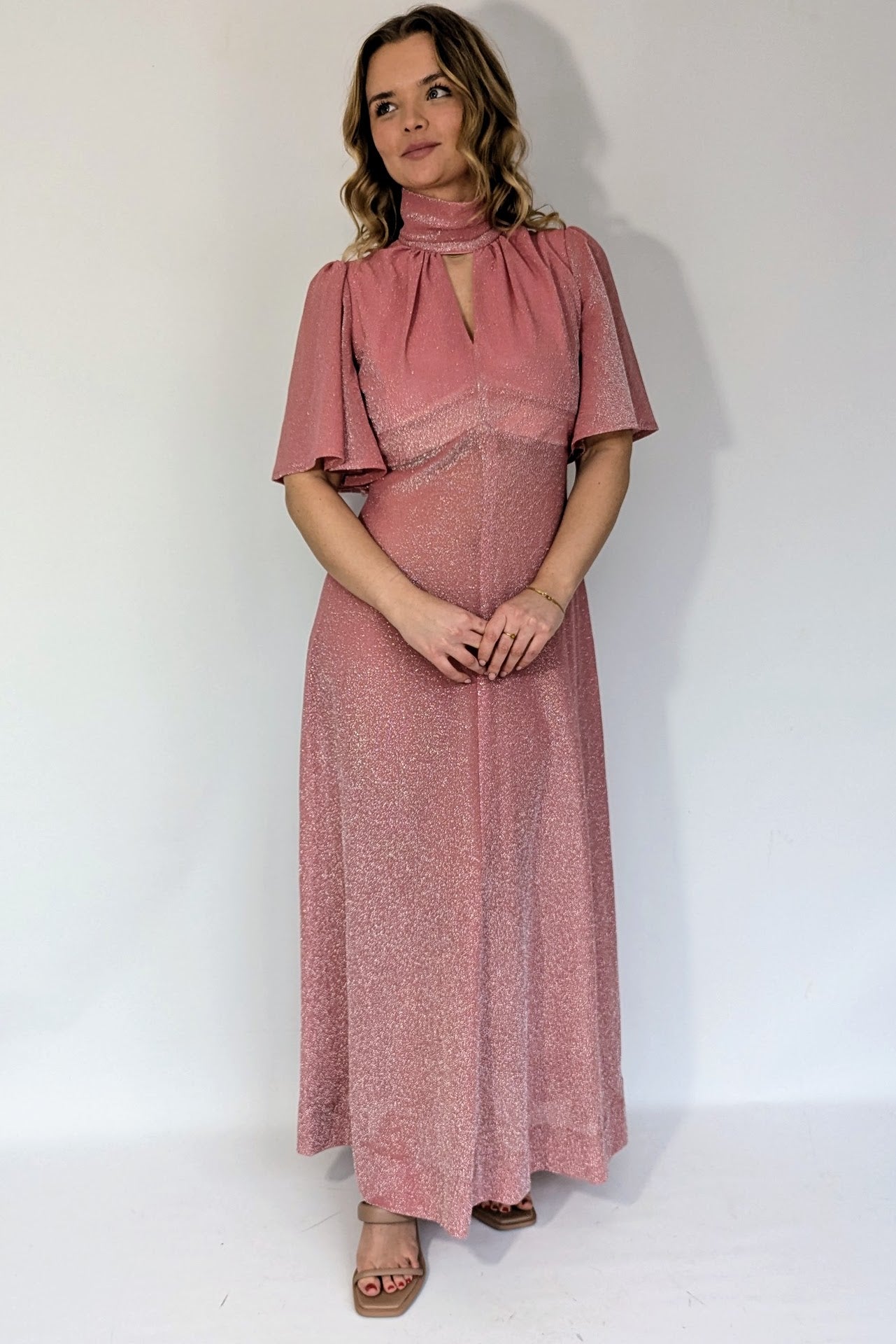 1970s Pink Lurex Flutter Sleeve Party Dress