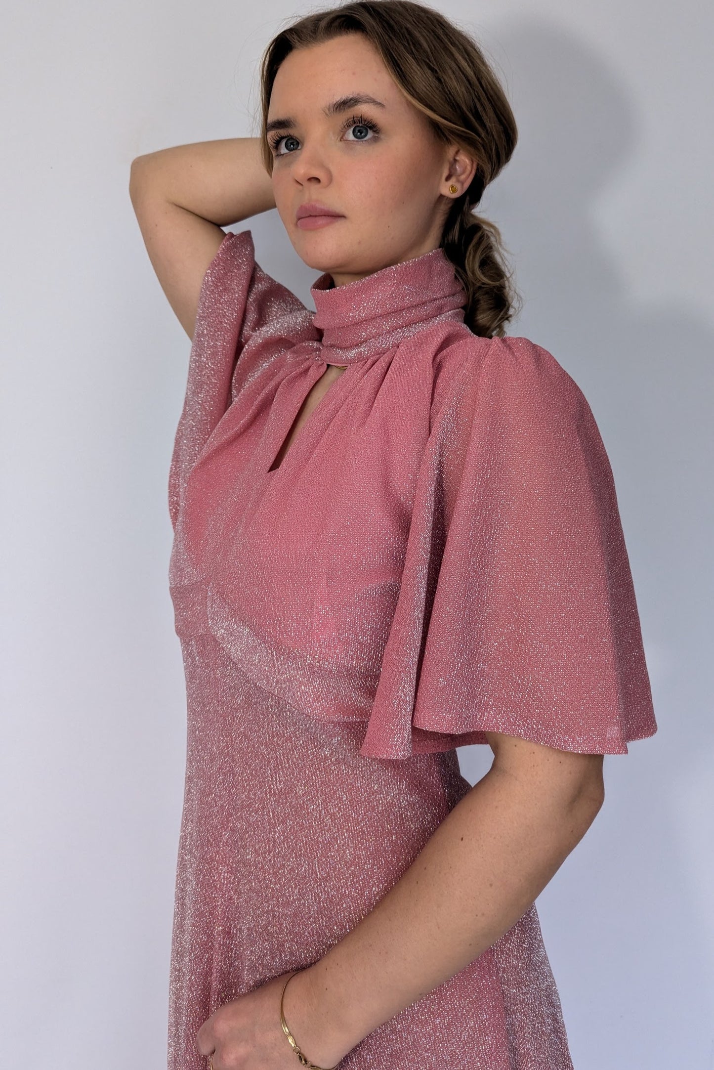 1970s Pink Lurex Flutter Sleeve Party Dress