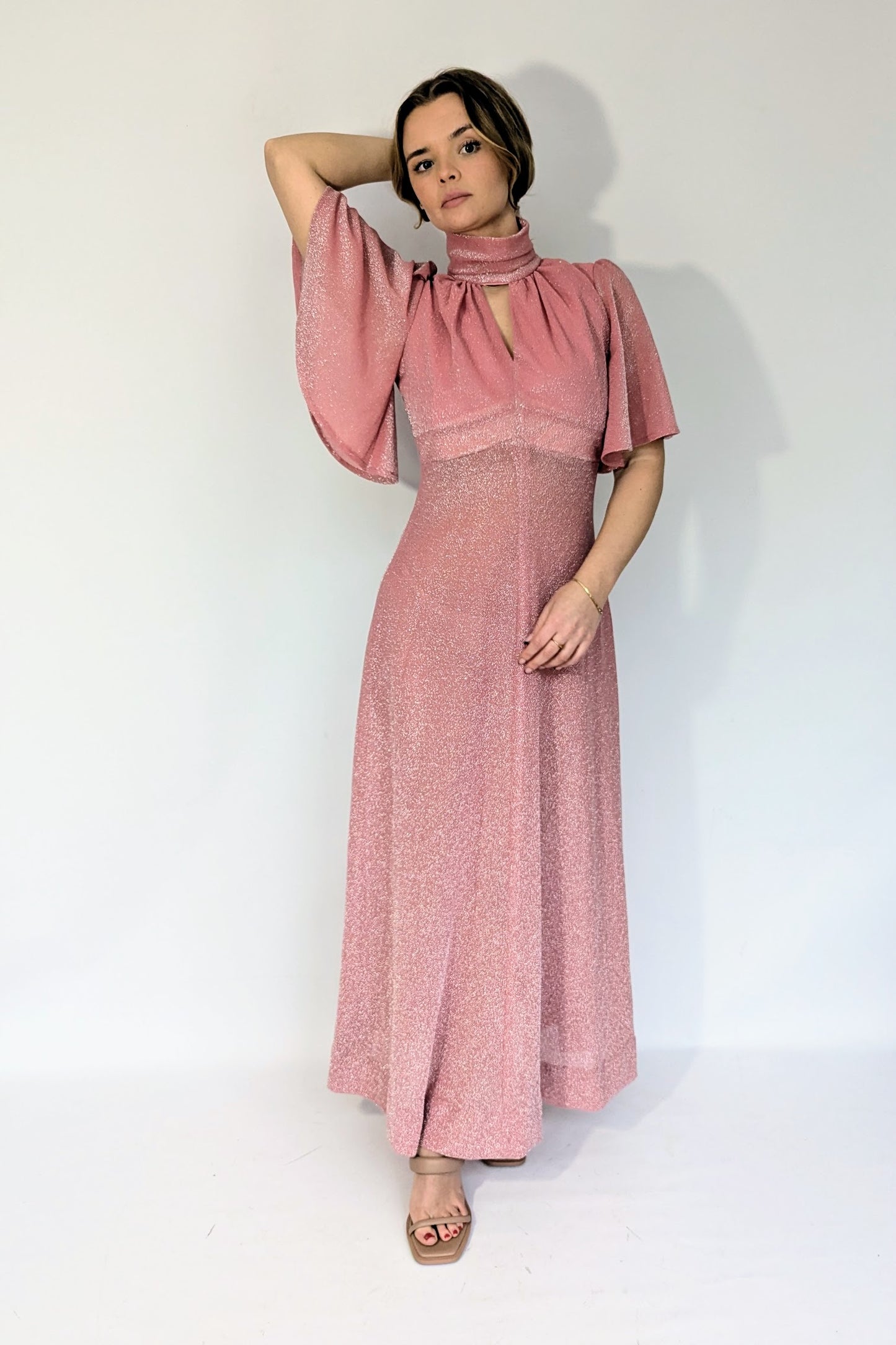 1970s Pink Lurex Flutter Sleeve Party Dress