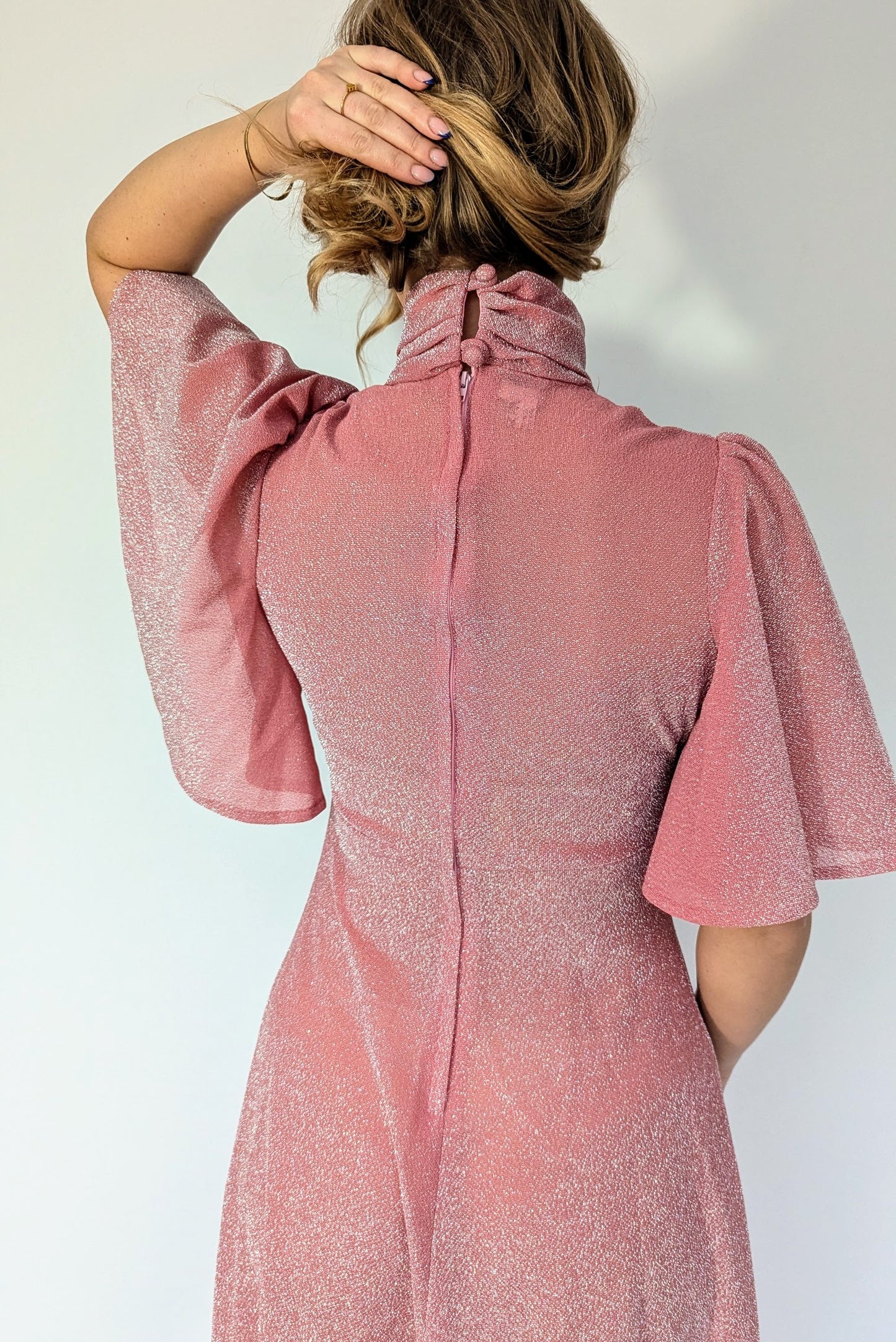 1970s Pink Lurex Flutter Sleeve Party Dress
