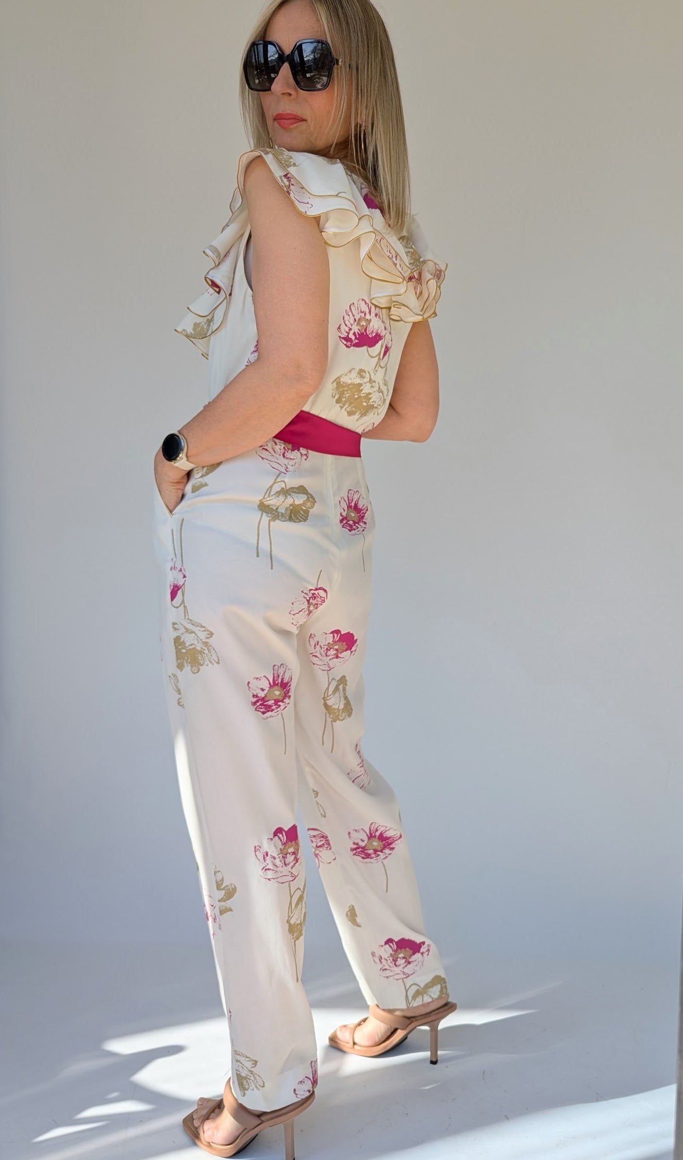 80s Cream & Gold Ruffle Jumpsuit