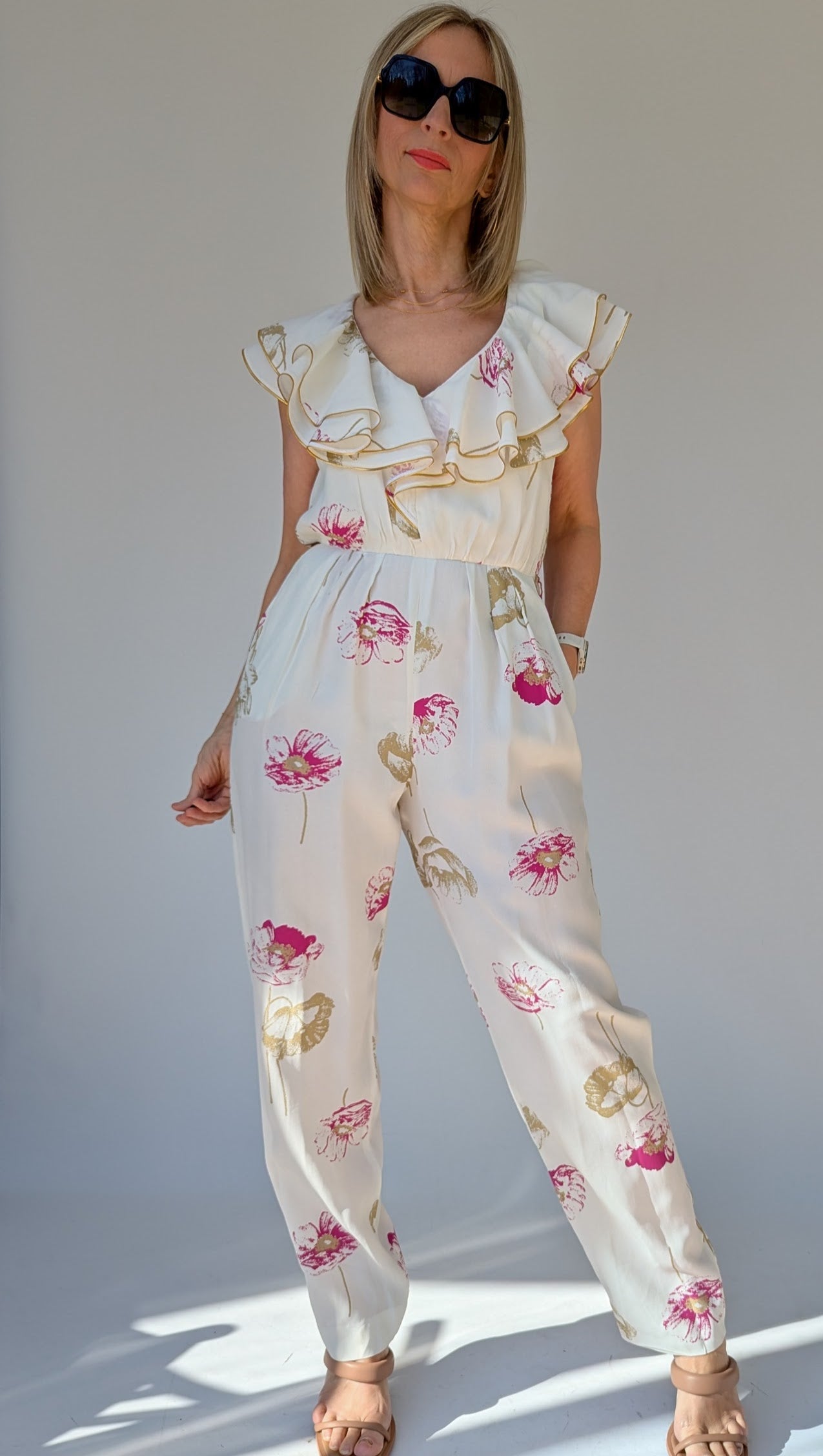 80s Cream & Gold Ruffle Jumpsuit