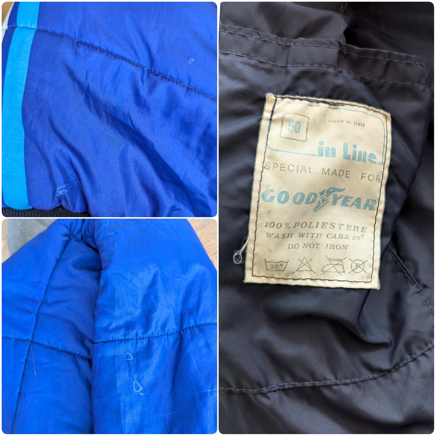 marks and label of vintage 1980's puffer jacket in blue with white stripes