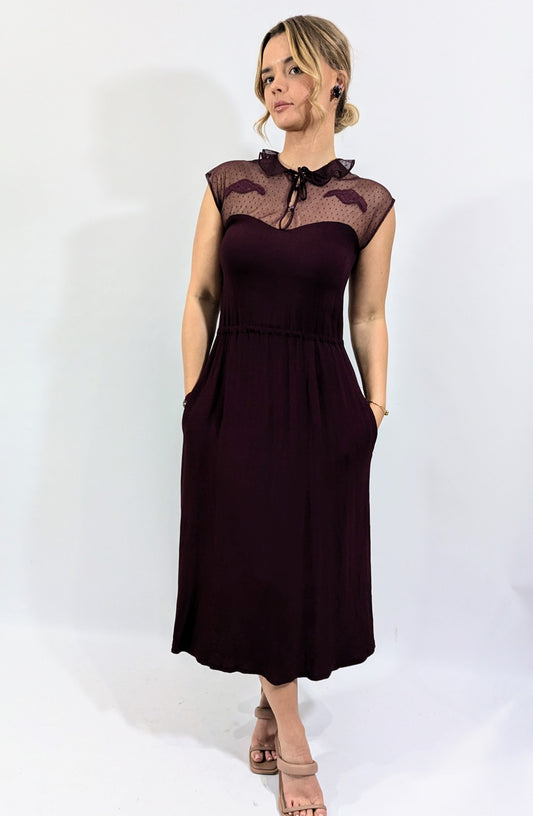 Vintage 1970s Cocktail Dress by Radley in Maroon with lace top and pockets