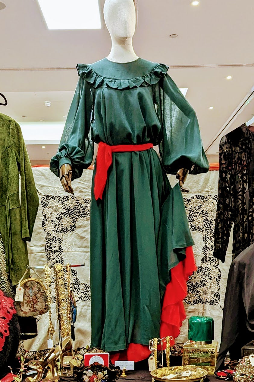 Vintage Gina Fratini Green and Red Maxi Dress on stand