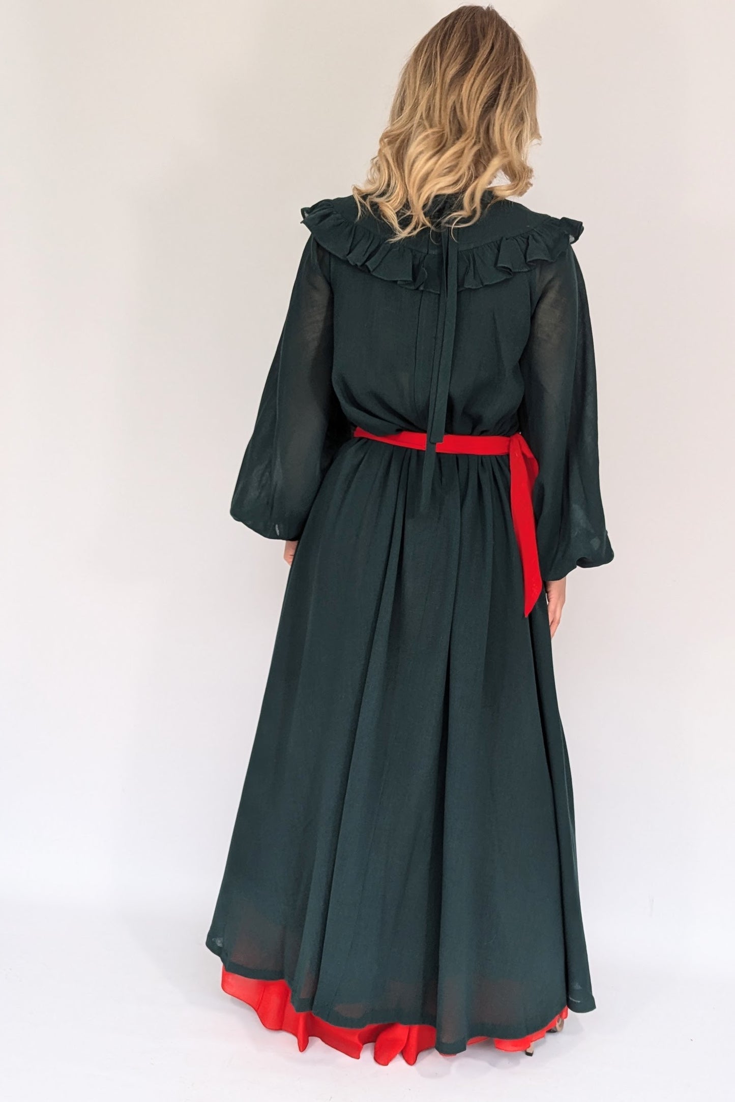 back of close up of Vintage Gina Fratini 70s Green and Red Maxi Dress