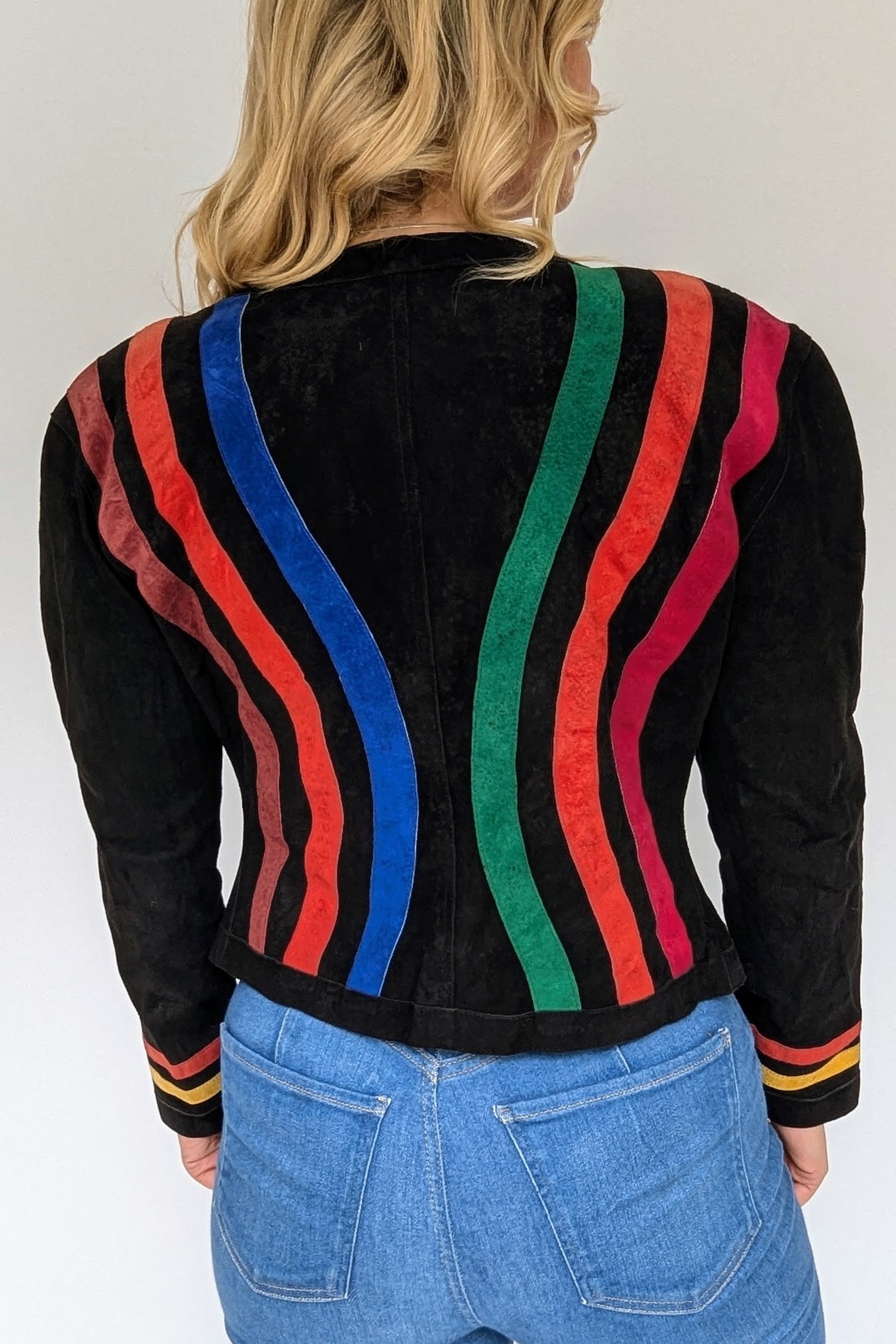 back of vintage jean muir colour block suede jacket with rainbow stripes on black suede