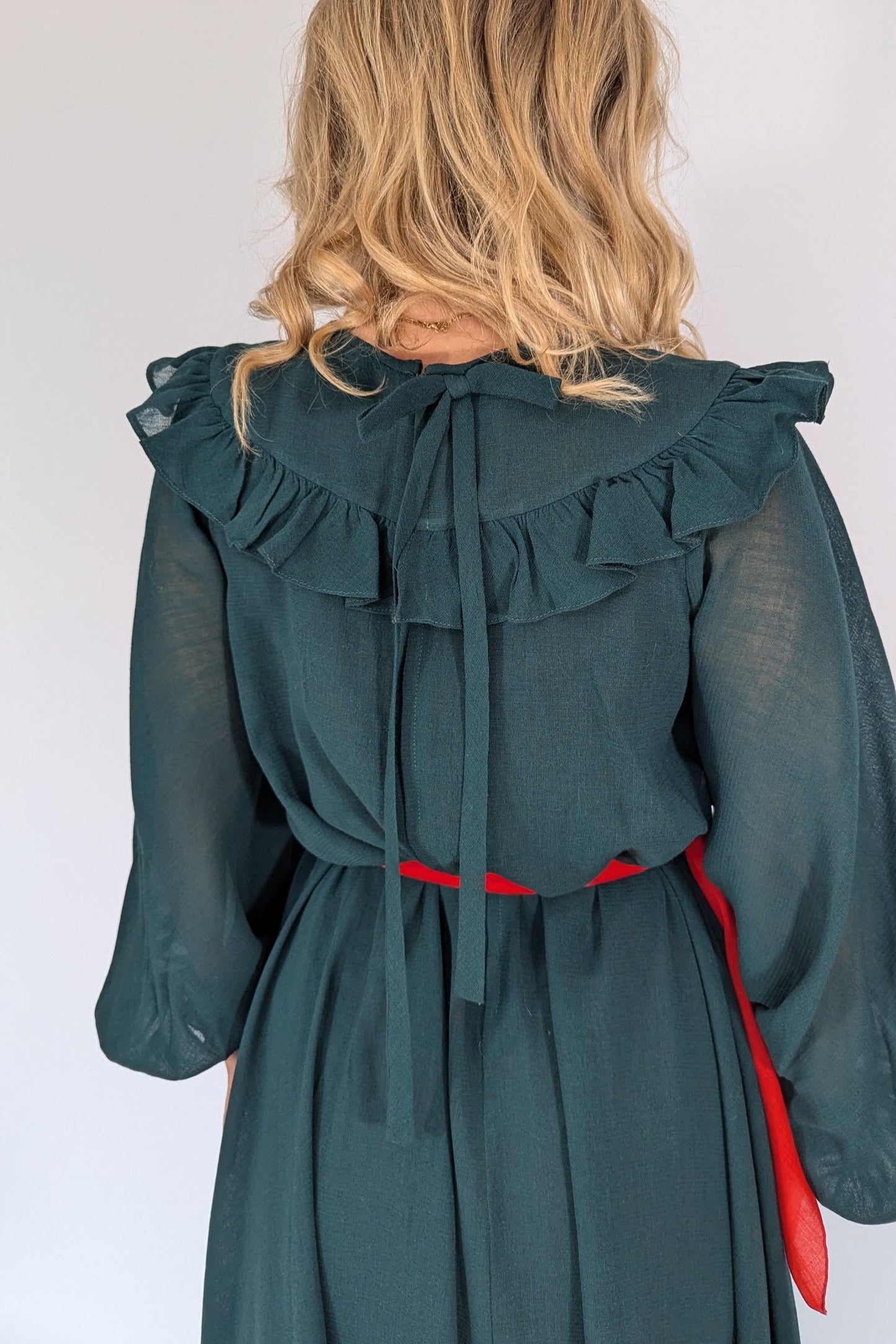 close up of back Vintage Gina Fratini 70s Green and Red Maxi Dress