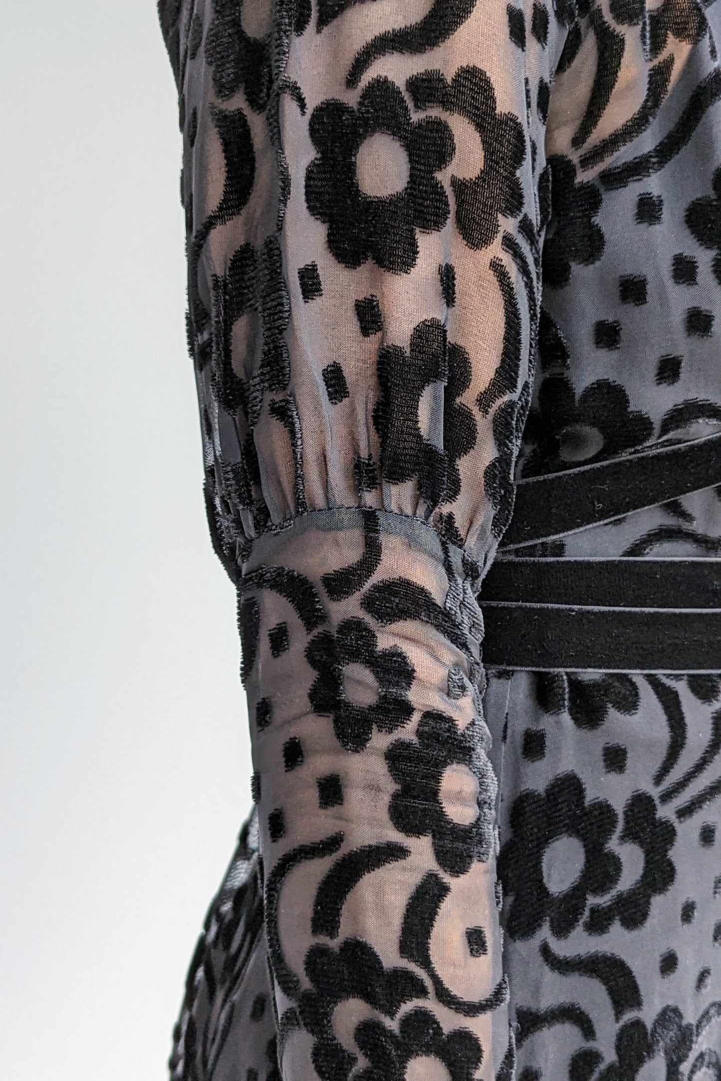 Balloon sleeve on Vintage ossie clark 60s devore cut velvet black dress with tie waist