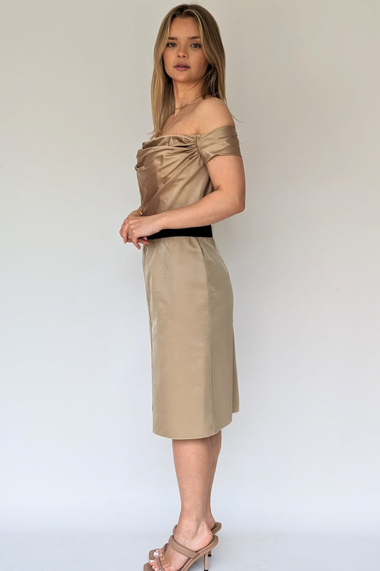 gold satin off shoulder dolce & gabbana cocktail dress