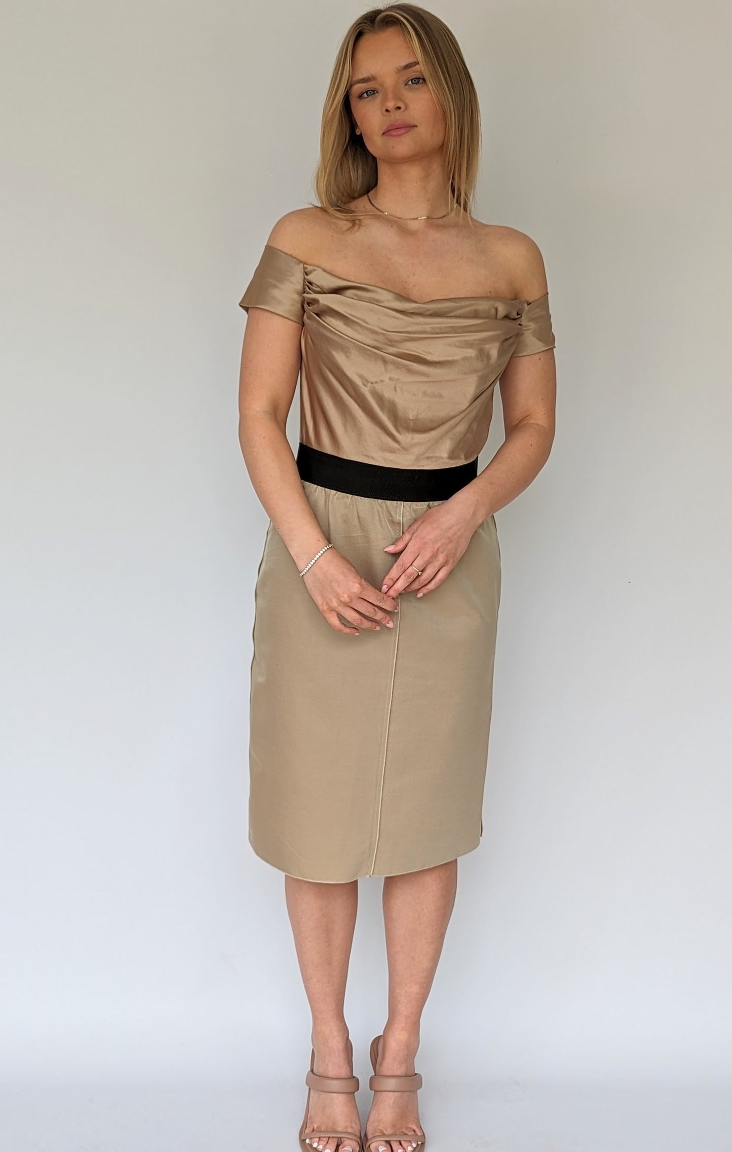 gold satin off shoulder dolce & gabbana cocktail dress with waistband