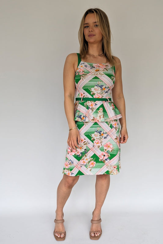 tropical patterned peplum dress with green belt in white, green and pink