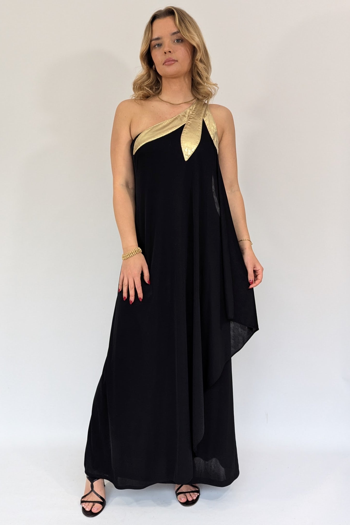 1970s Black and Gold Lame Asymmetric Dress Ada's Attic Vintage 1970s Black and Gold Lame Asymmetric Dress Ada's Attic Vintage