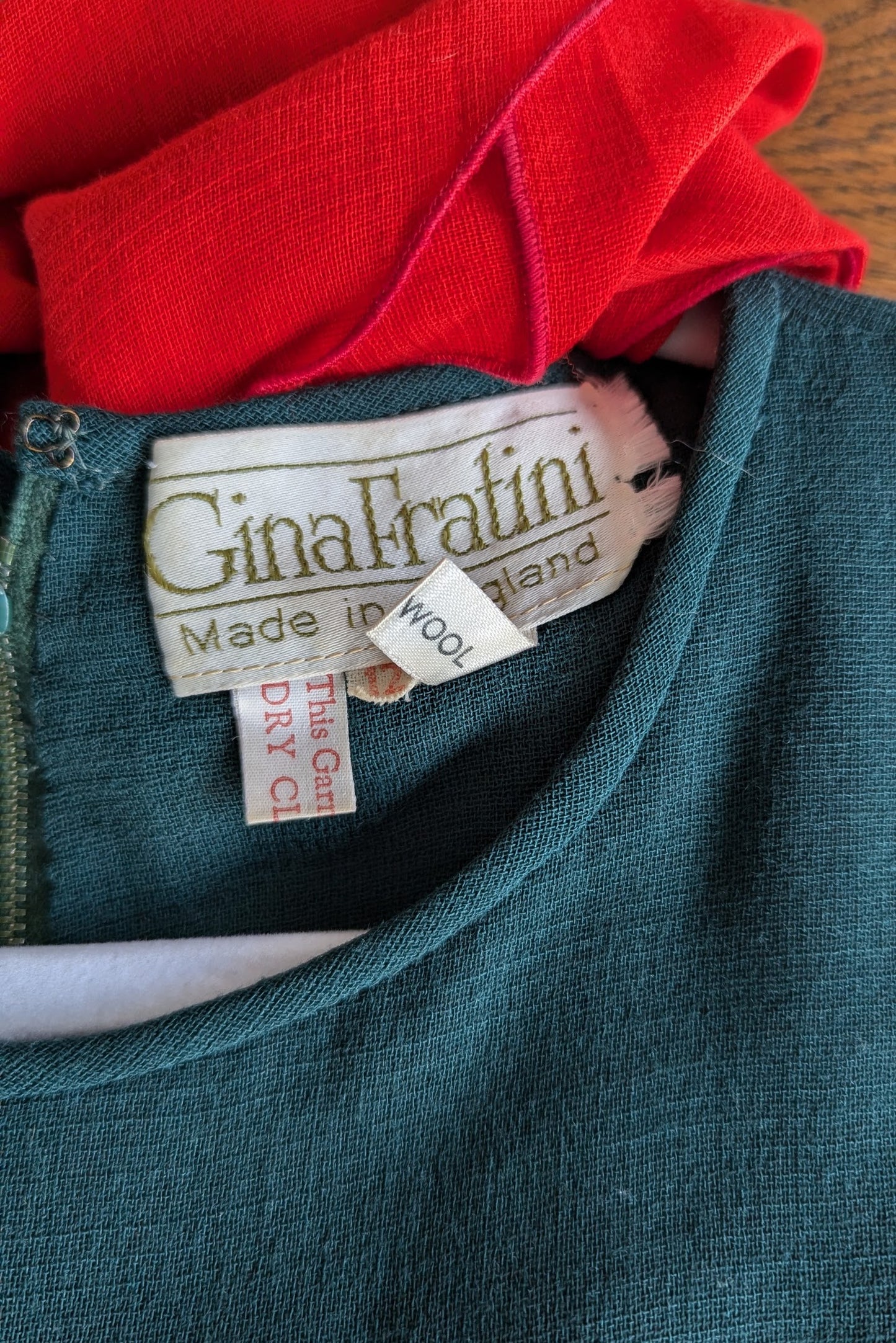 label of dark green gina fratini vintage evening gown