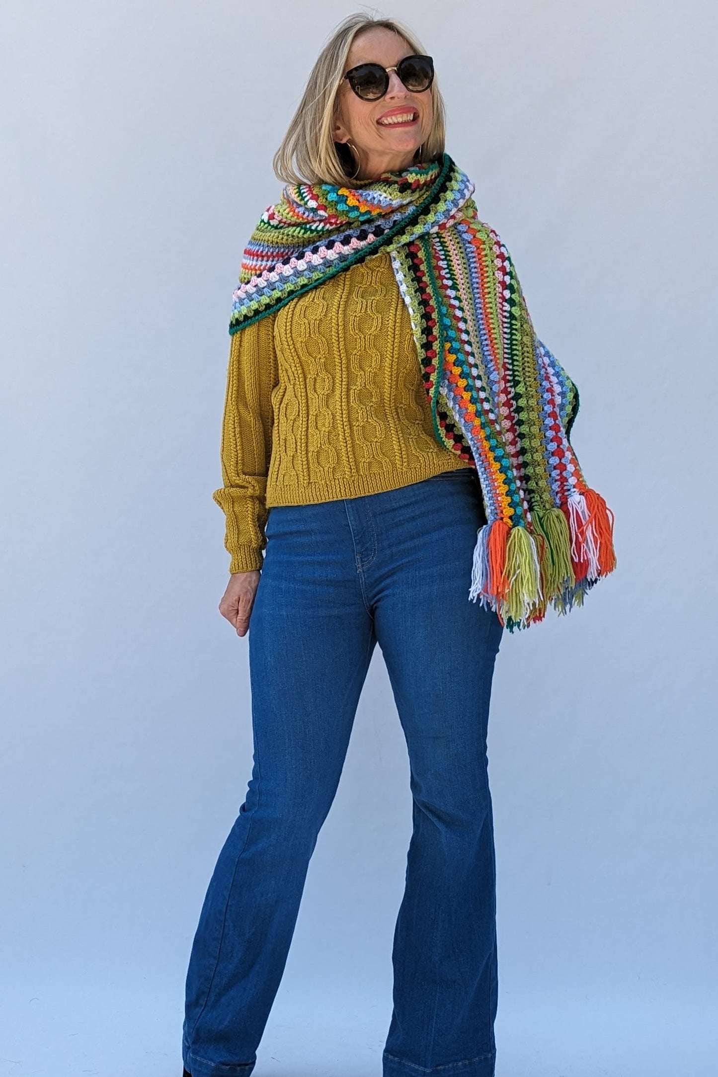 Large Vintage Crochet Wool Rainbow Striped Scarf