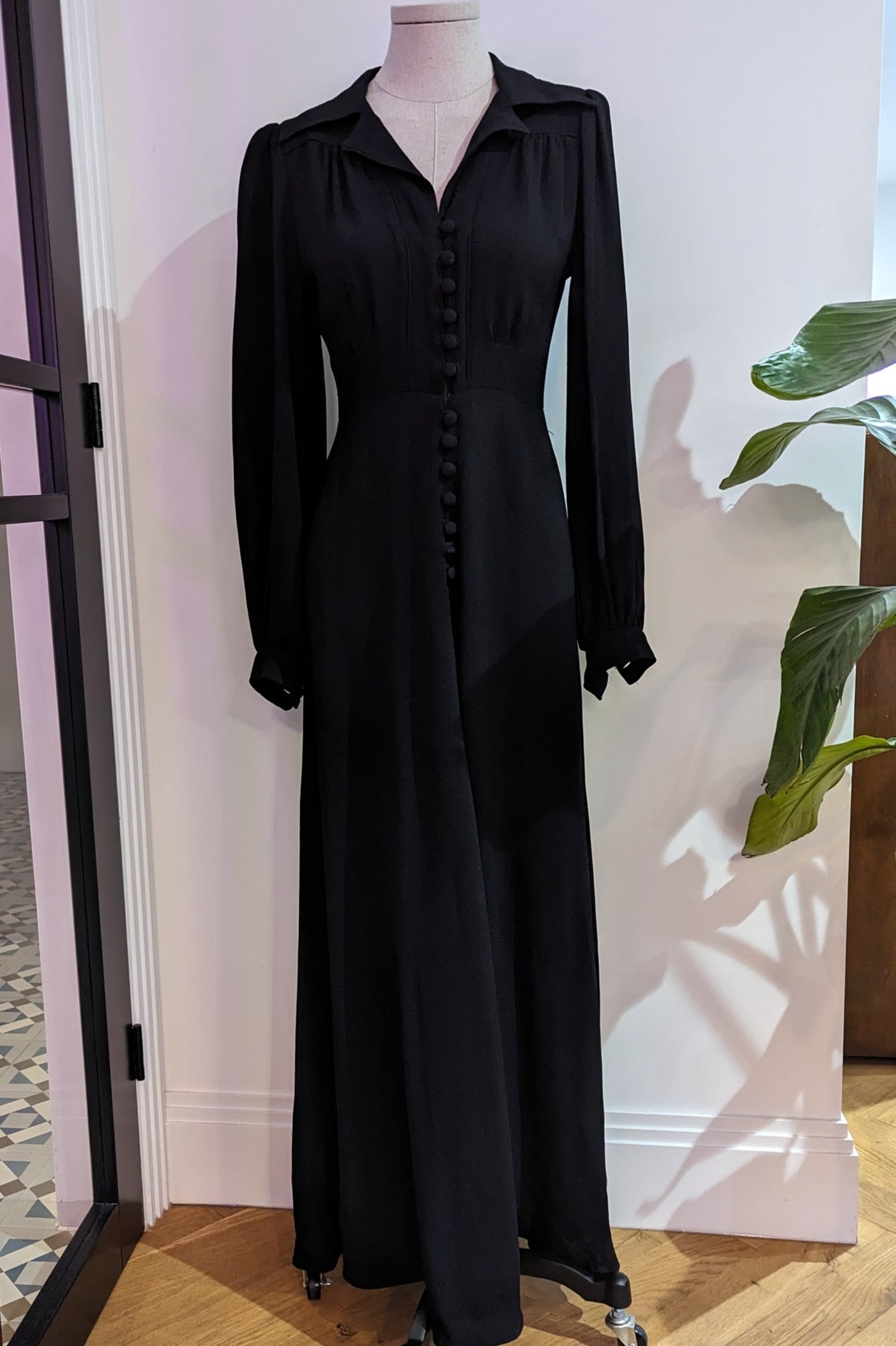 Ossie Clark black crepe long dress from front