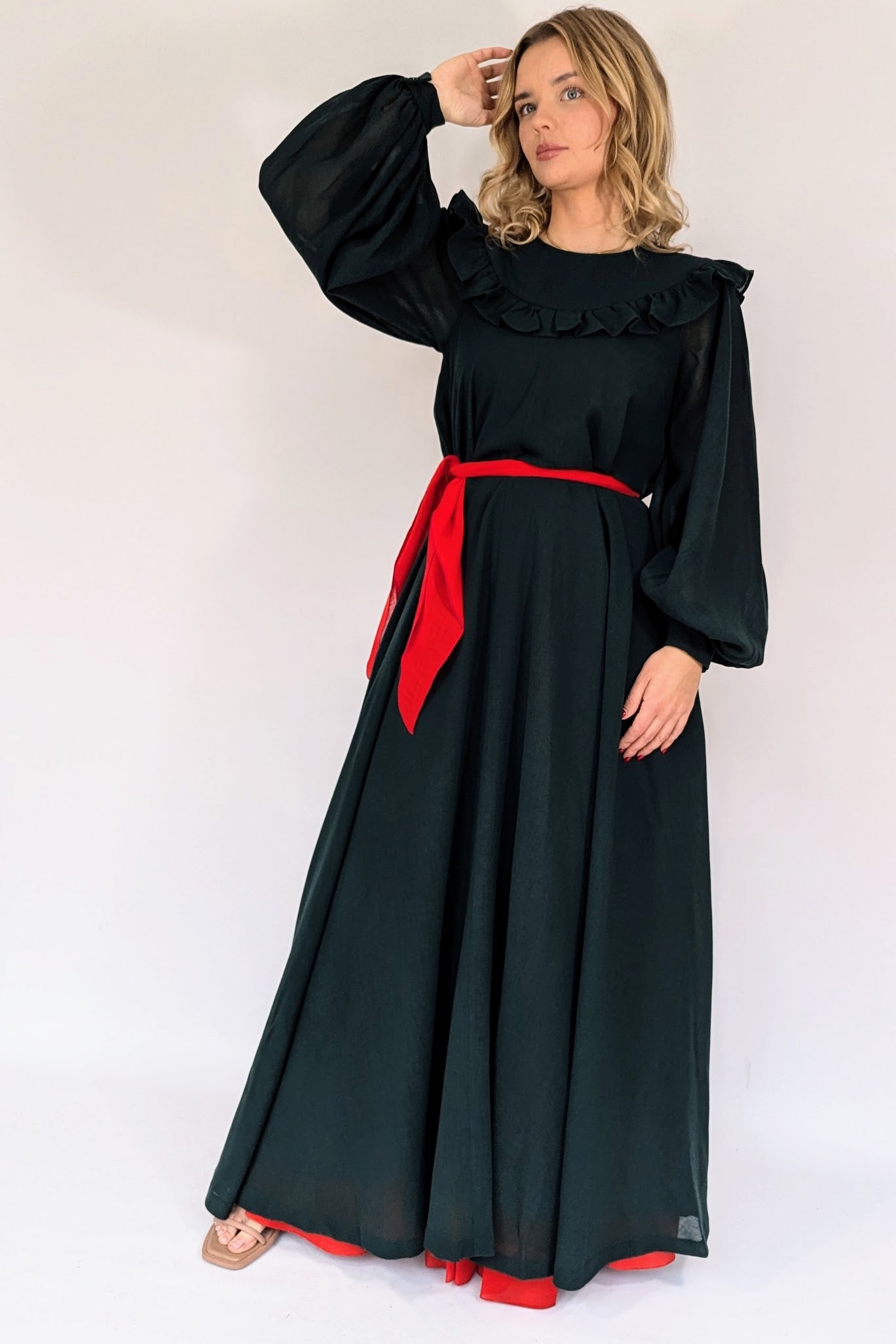 long sleeve vintage 70s gina fratini gown dark green and red